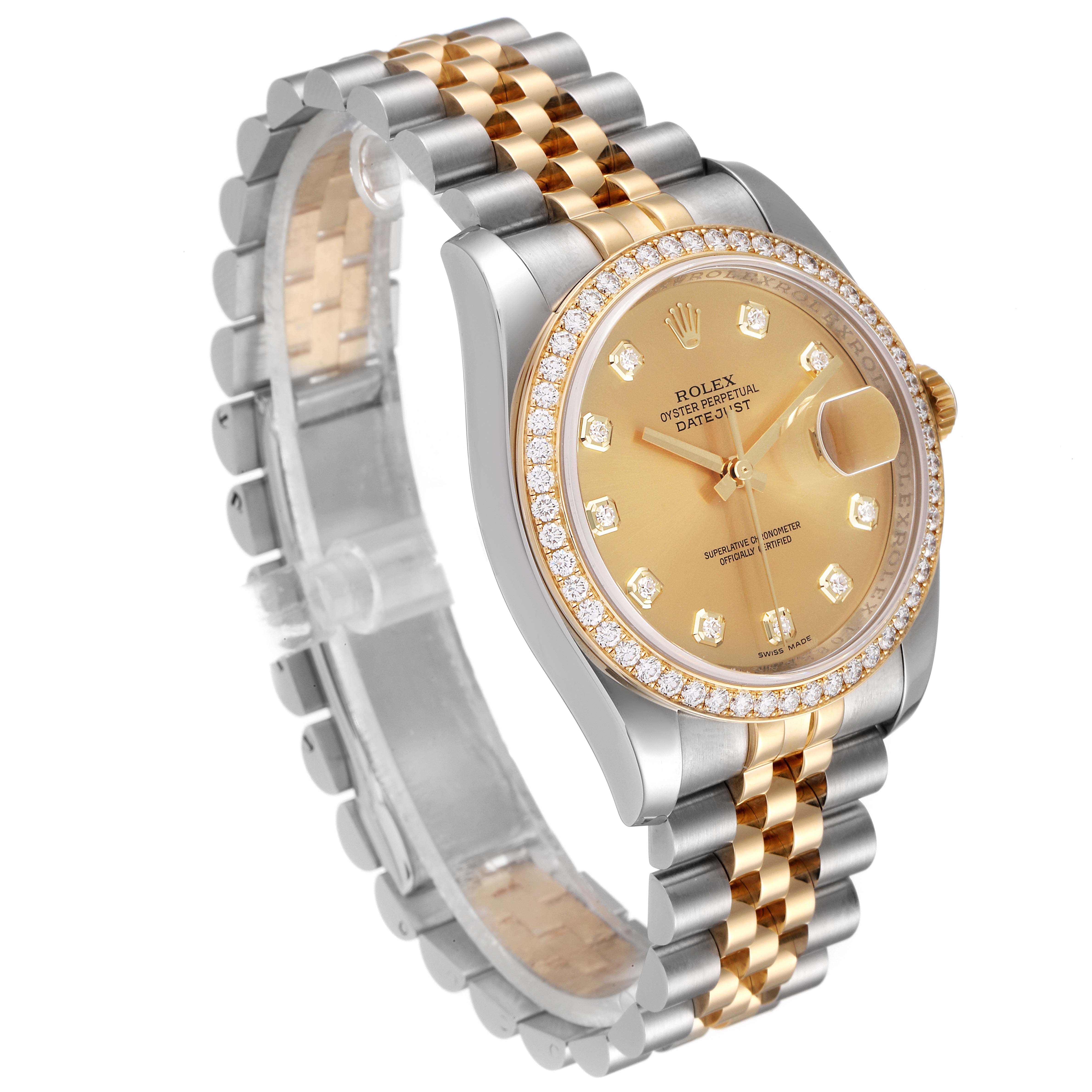 The image shows a Rolex Datejust 116243 Men's Steel and Gold (two tone) Champagne Dial 116243 Men's Steel and Gold (two tone) Champagne Dial watch at an oblique angle, revealing the face, bezel, and bracelet.