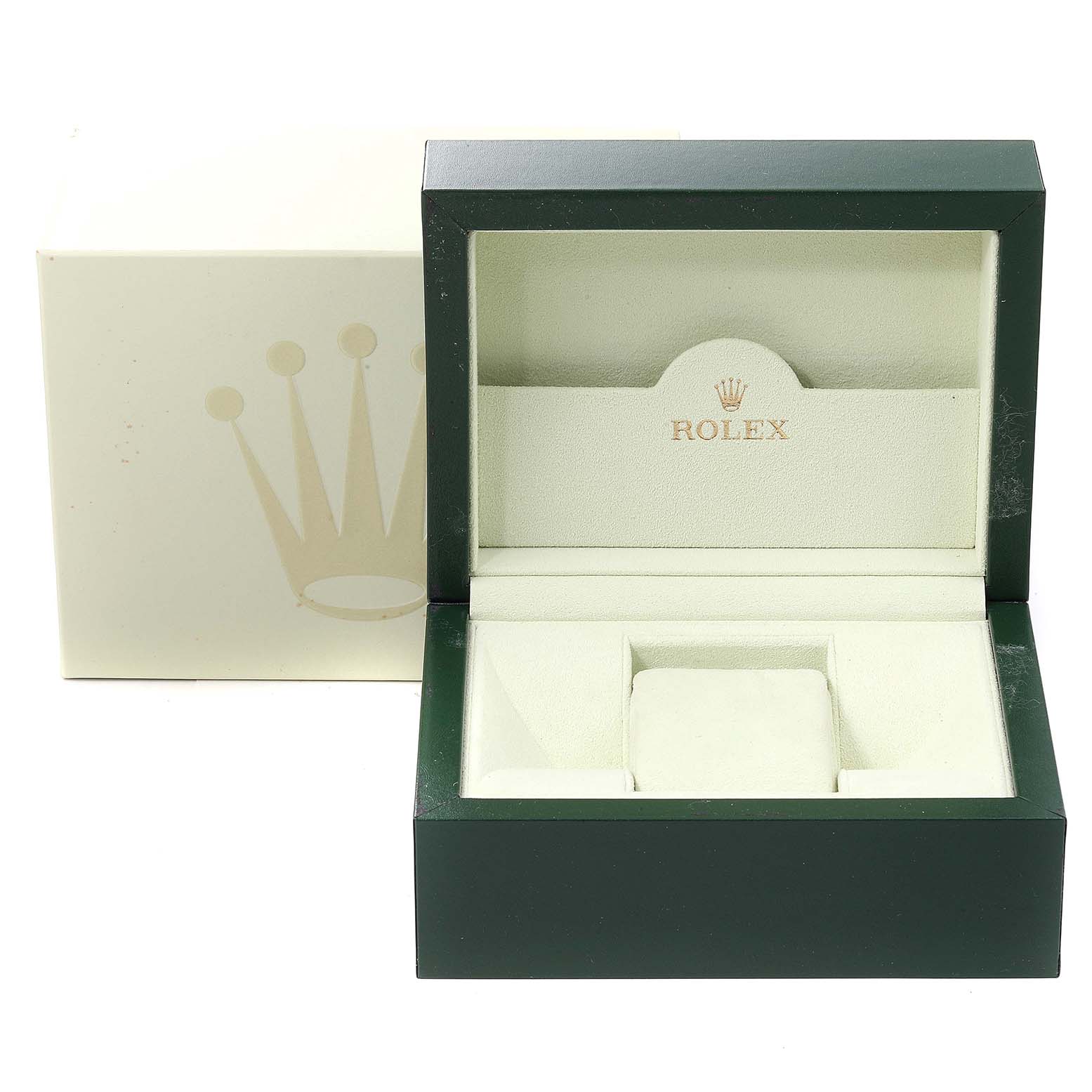 This is a Rolex Datejust 116243 Men's Steel and Gold (two tone) Champagne Dial 116243 Men's Steel and Gold (two tone) Champagne Dial watch box with an open lid and visible interior compartments, displaying the Rolex logo.