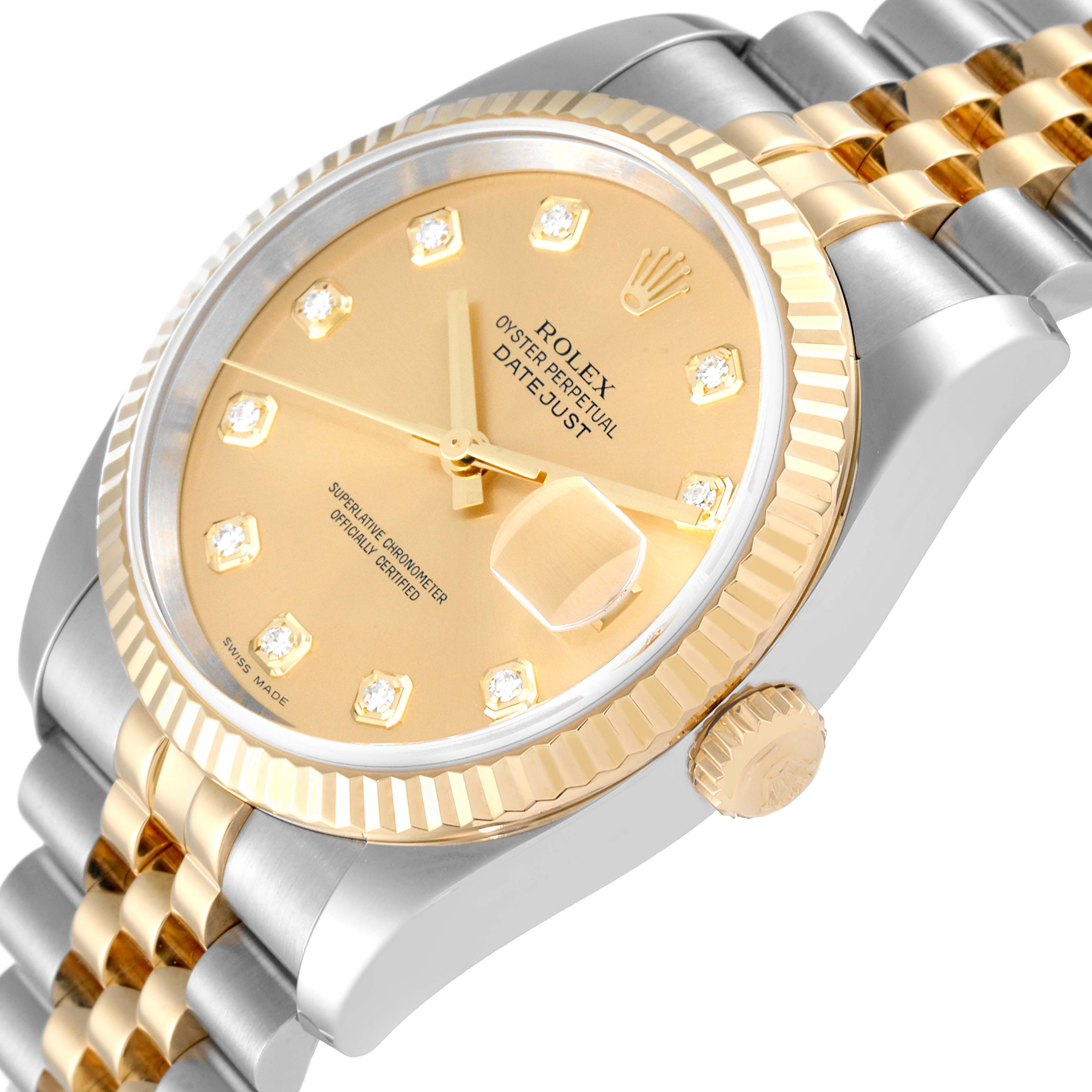The image shows a close-up angled view of the Rolex Datejust 116233 Men's Steel and Gold (two tone) Champagne Dial 116233 Men's Steel and Gold (two tone) Champagne Dial watch face, bezel, crown, and part of the bracelet.