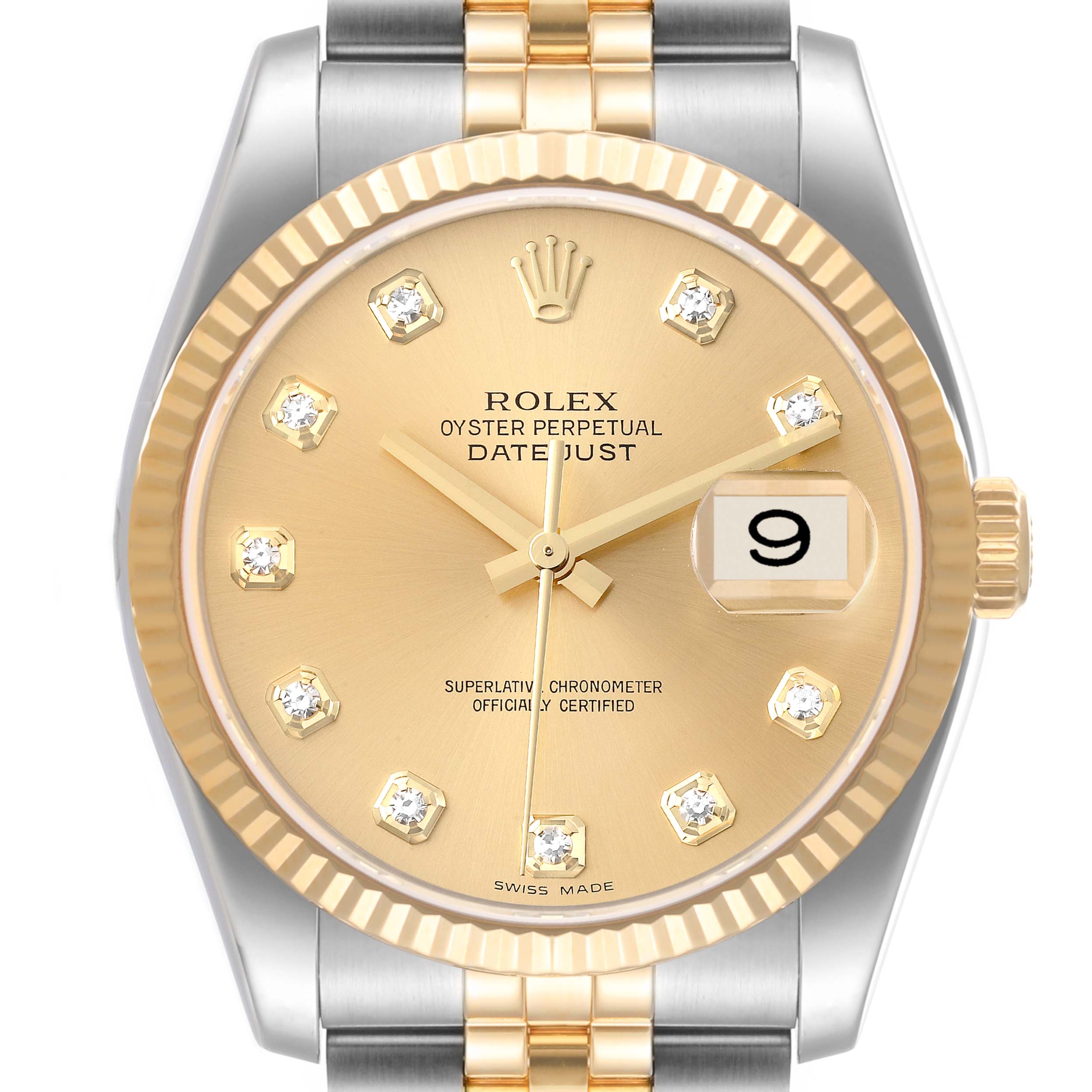 This image shows a front view of a Rolex Datejust 116233 Men's Steel and Gold (two tone) Champagne Dial 116233 Men's Steel and Gold (two tone) Champagne Dial watch, highlighting its dial, bezel, crown, and part of the bracelet.