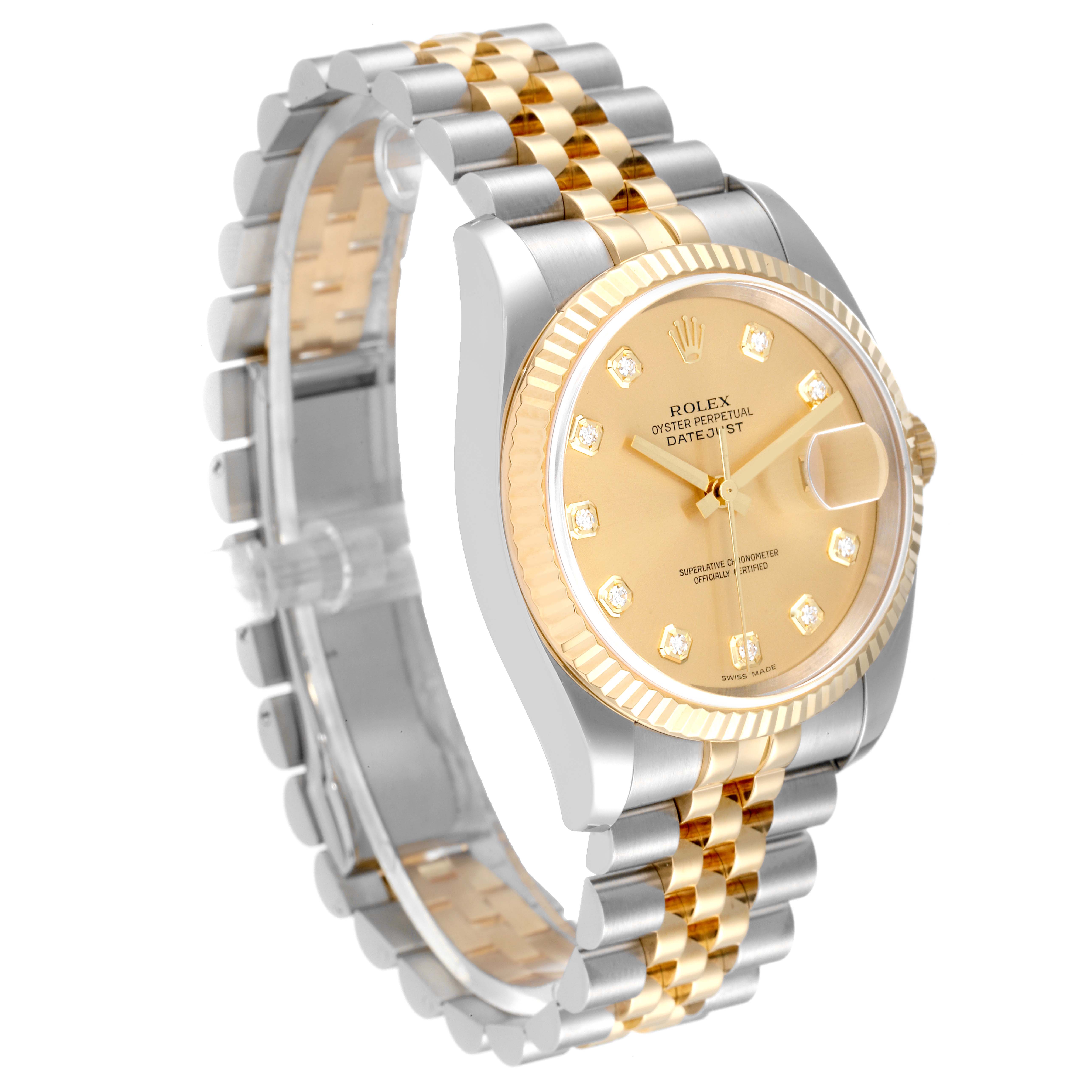 This image shows a two-tone Rolex Datejust 116233 Men's Steel and Gold (two tone) Champagne Dial 116233 Men's Steel and Gold (two tone) Champagne Dial watch at a side angle, highlighting its bracelet, gold bezel, and dial.