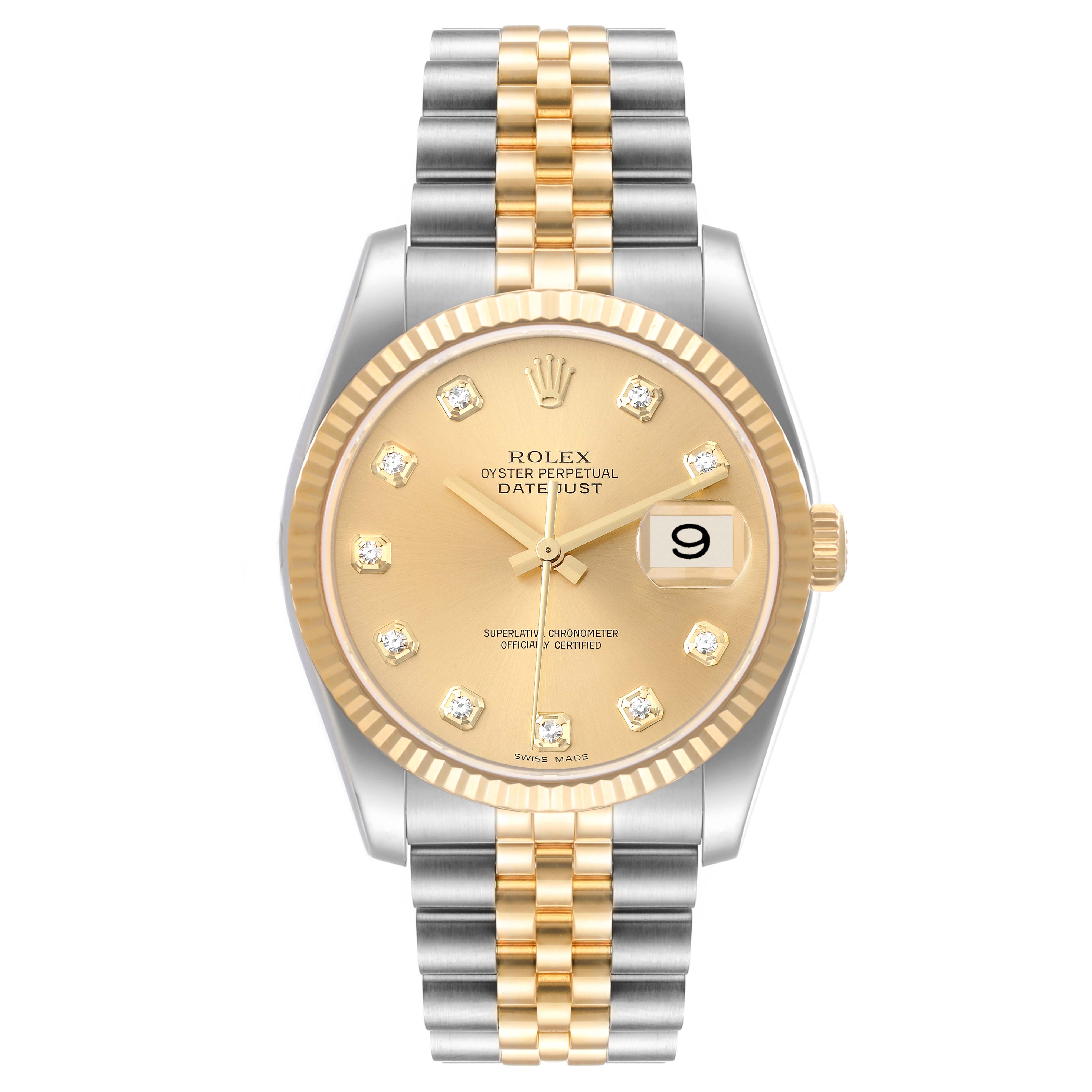 The Rolex Datejust 116233 Men's Steel and Gold (two tone) Champagne Dial 116233 Men's Steel and Gold (two tone) Champagne Dial watch is shown from the front, highlighting its champagne dial, fluted bezel, and two-tone Jubilee bracelet.