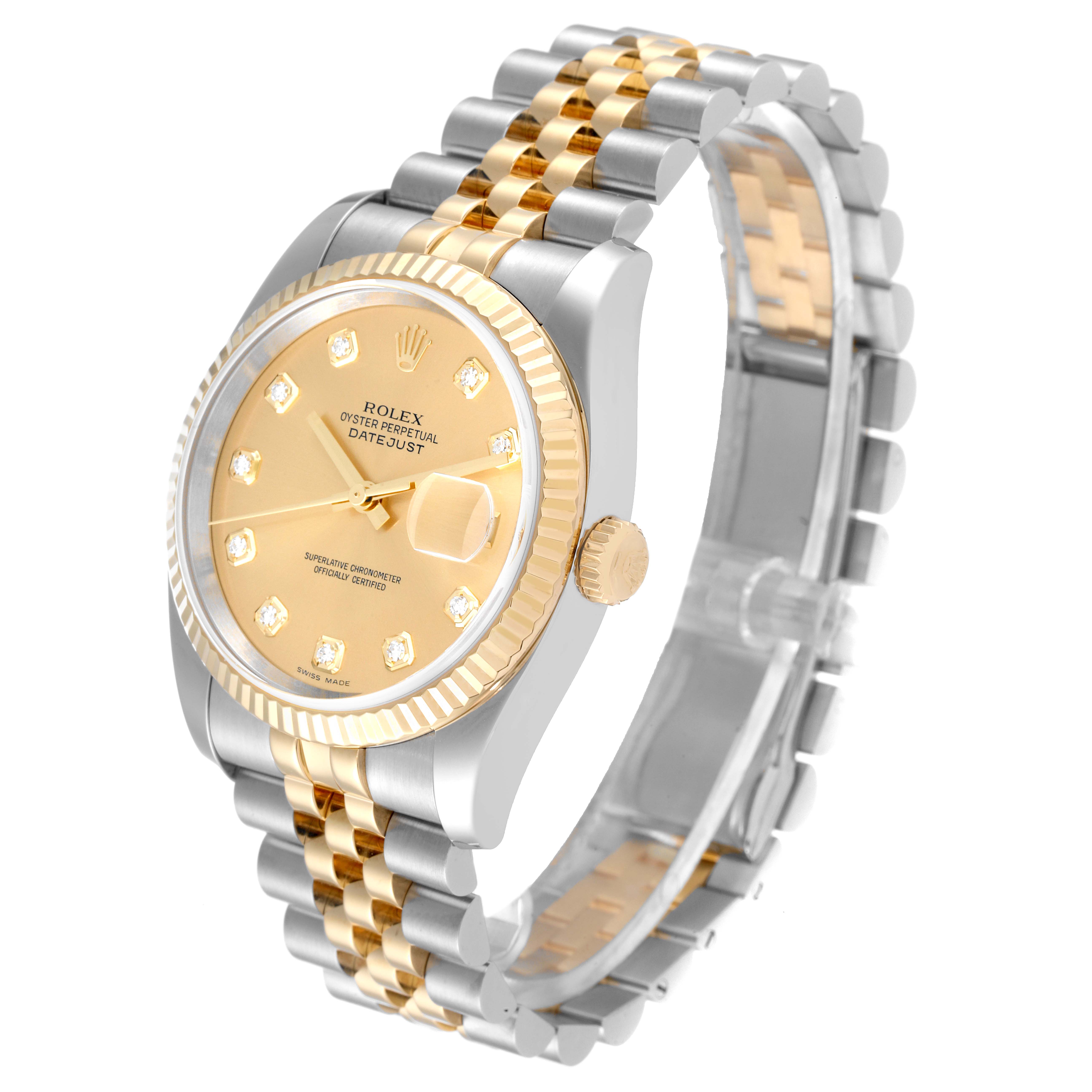 This image shows a Rolex Datejust 116233 Men's Steel and Gold (two tone) Champagne Dial 116233 Men's Steel and Gold (two tone) Champagne Dial watch at a 3/4 angle, highlighting the dial, bezel, case, and bracelet.