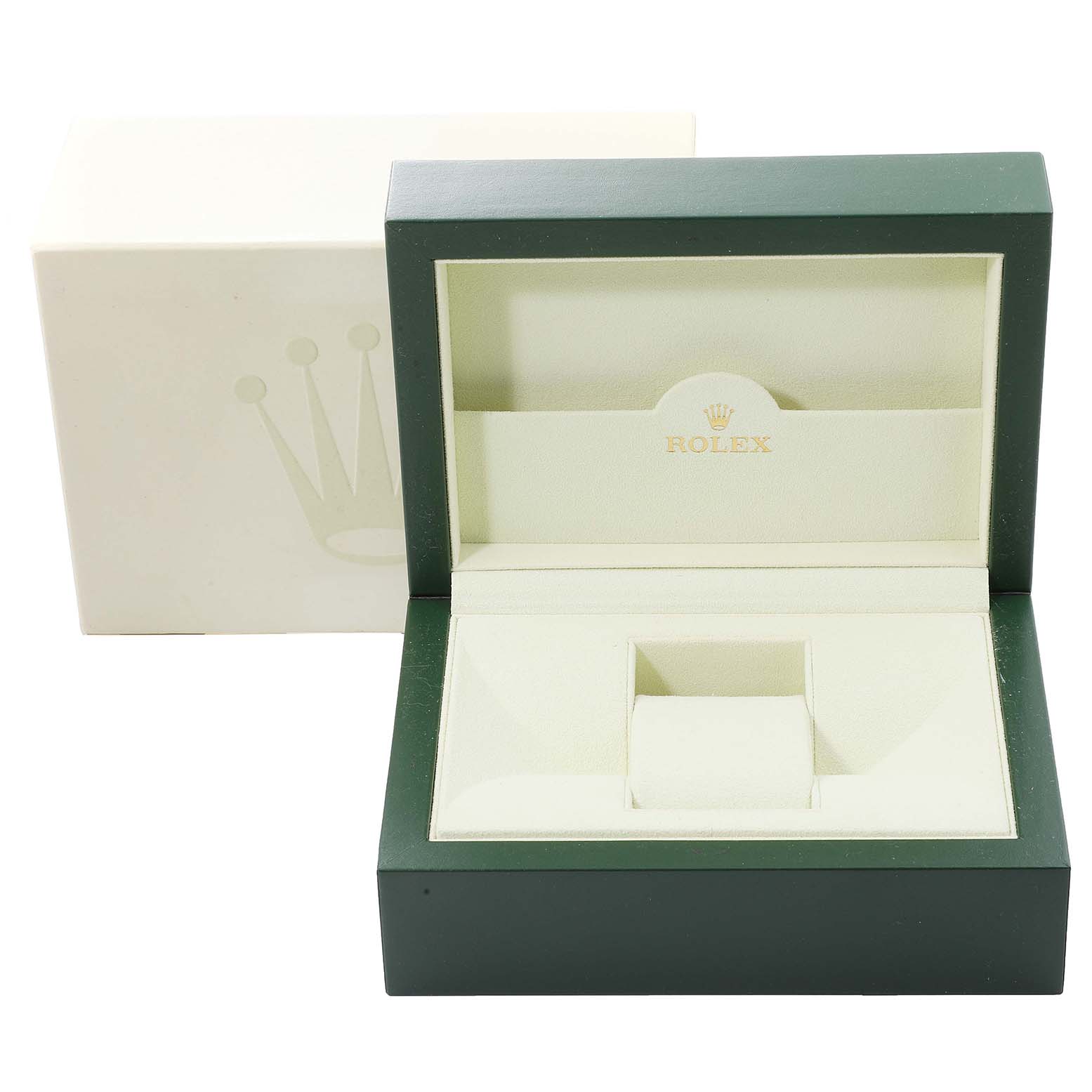 The image shows an open Rolex Datejust 116233 Men's Steel and Gold (two tone) Champagne Dial 116233 Men's Steel and Gold (two tone) Champagne Dial watch box with a white and green interior and the Rolex logo on the inside lid.