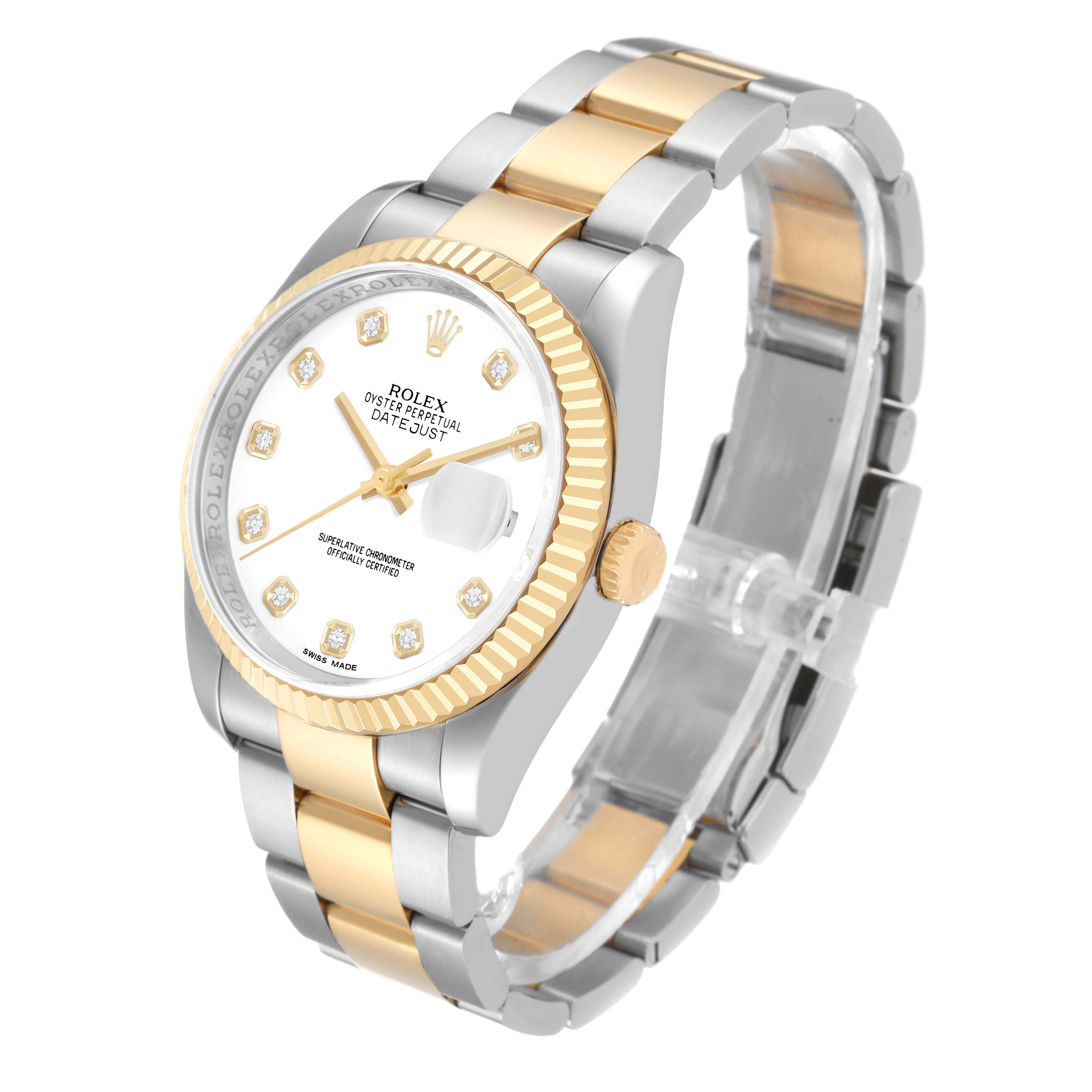 The Rolex Datejust 116233 Men's Steel and Gold (two tone) White Dial watch is shown at an angled view, highlighting the band, bezel, crown, and dial.