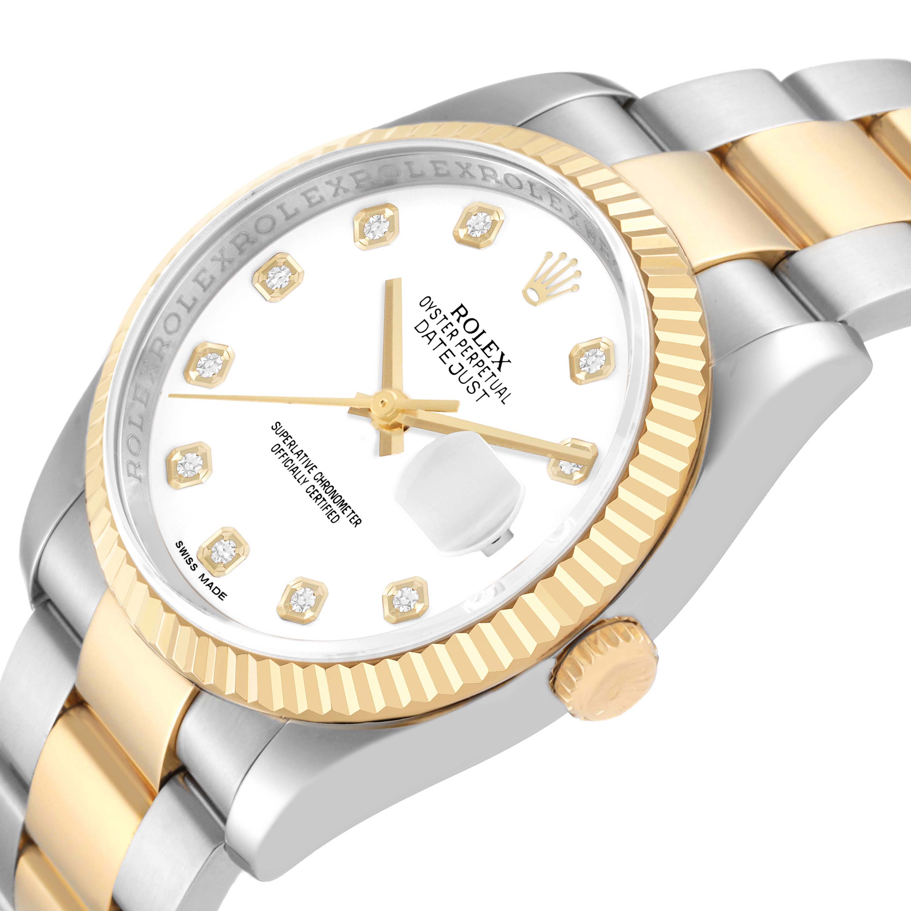The Rolex Datejust 116233 Men's Steel and Gold (two tone) White Dial is shown at a slight angle, highlighting the dial, fluted bezel, crown, and two-tone bracelet.