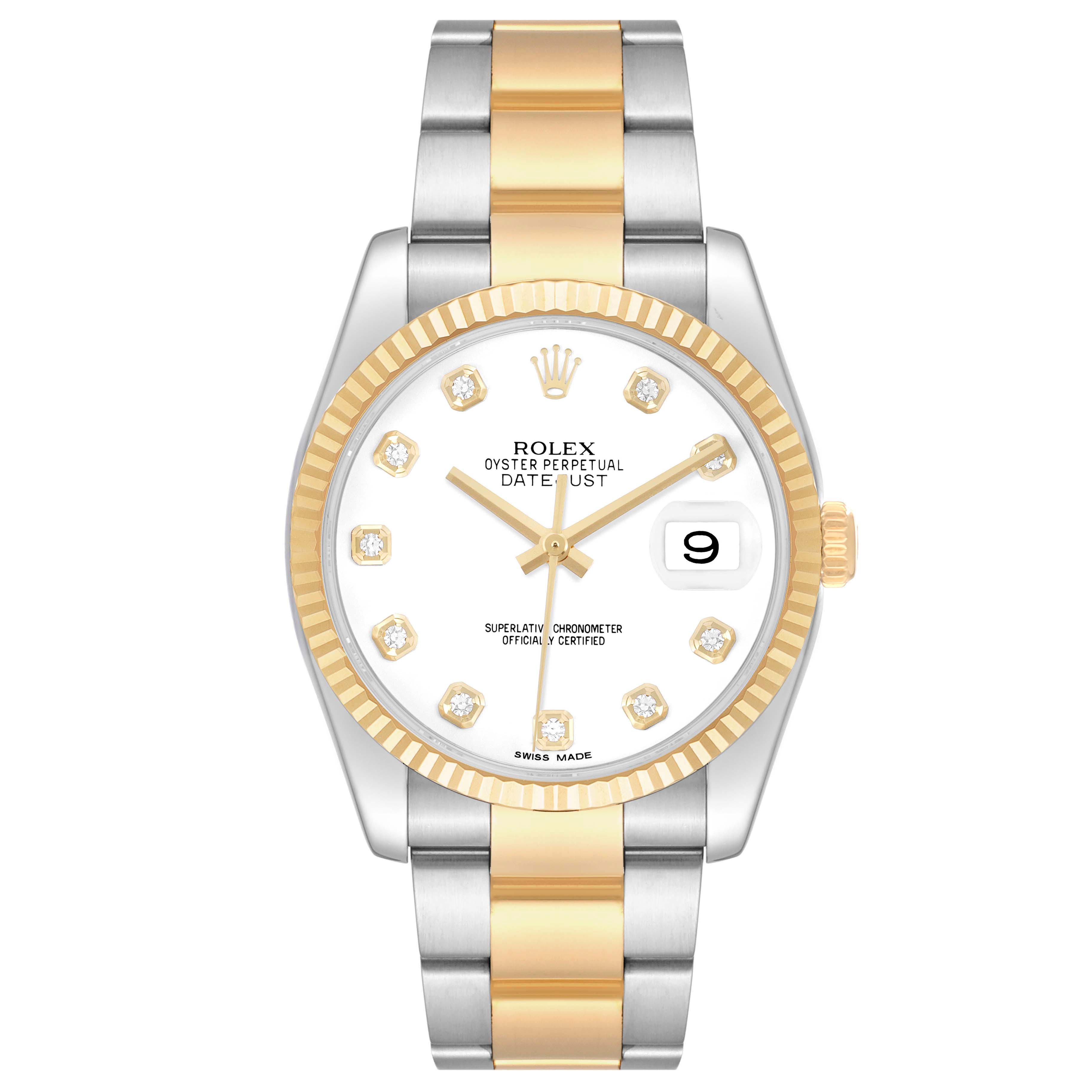 The Rolex Datejust 116233 Men's Steel and Gold (two tone) White Dial watch is shown from the front, highlighting its dial, two-tone bracelet, and fluted bezel.