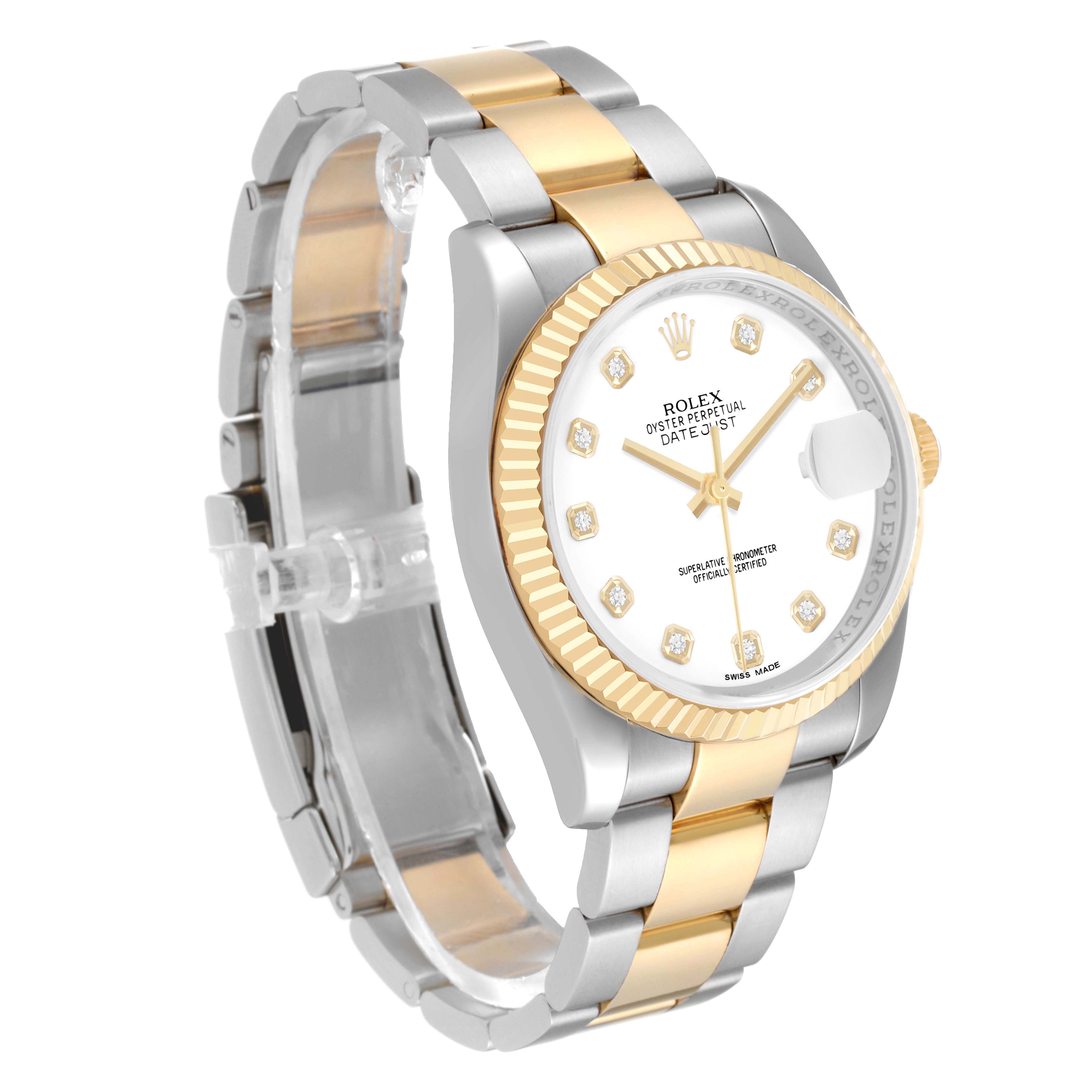 The Rolex Datejust 116233 Men's Steel and Gold (two tone) White Dial watch is shown at a three-quarter angle, highlighting the case, fluted bezel, bracelet, and dial with diamond hour markers.
