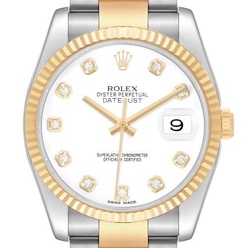 The image shows a front view of the Rolex Datejust 116233 Men's Steel and Gold (two tone) White Dial, highlighting the dial, fluted bezel, and bracelet.