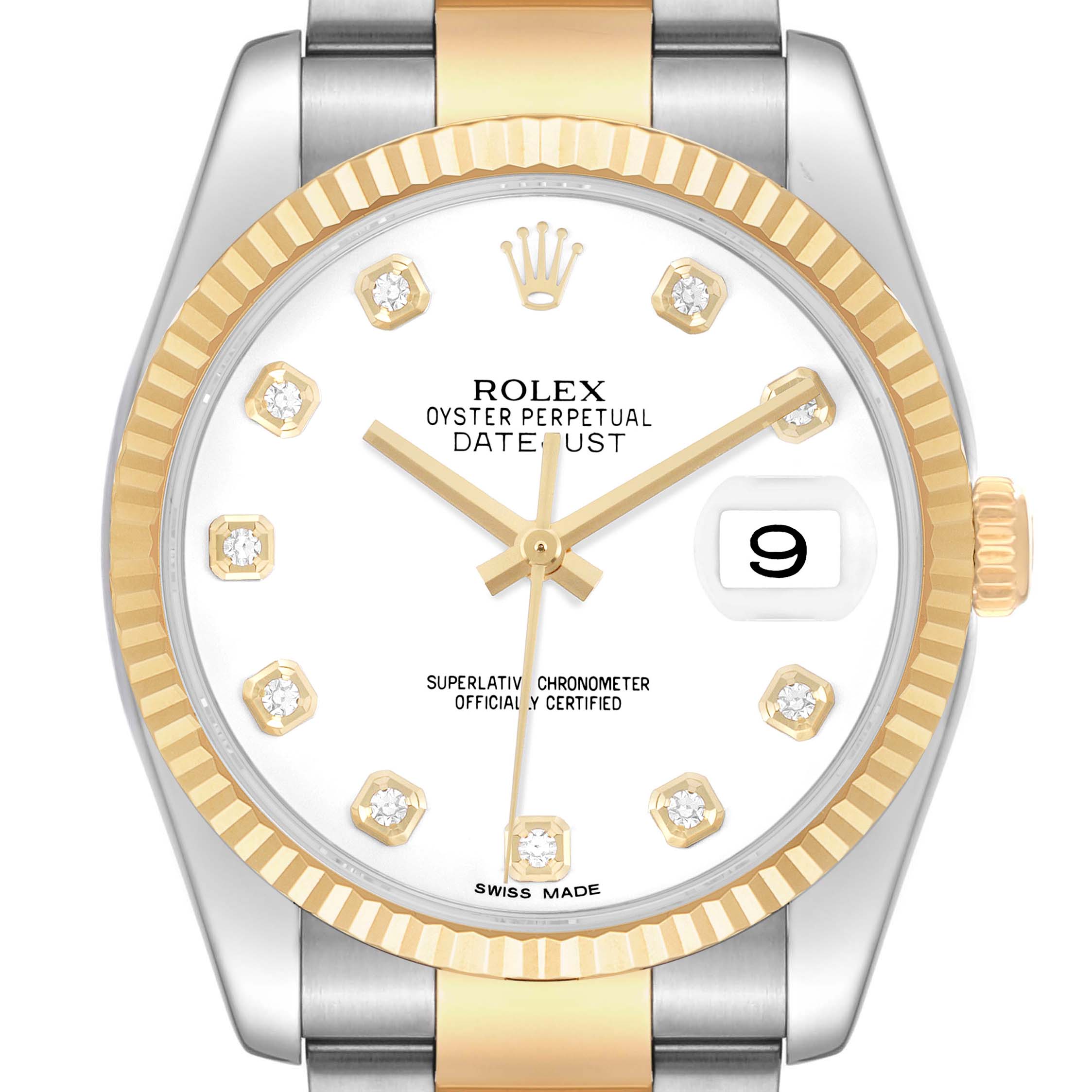 The Rolex Datejust 116233 Men's Steel and Gold (two tone) White Dial watch is shown from the front, featuring a white dial, gold fluted bezel, and diamond hour markers.