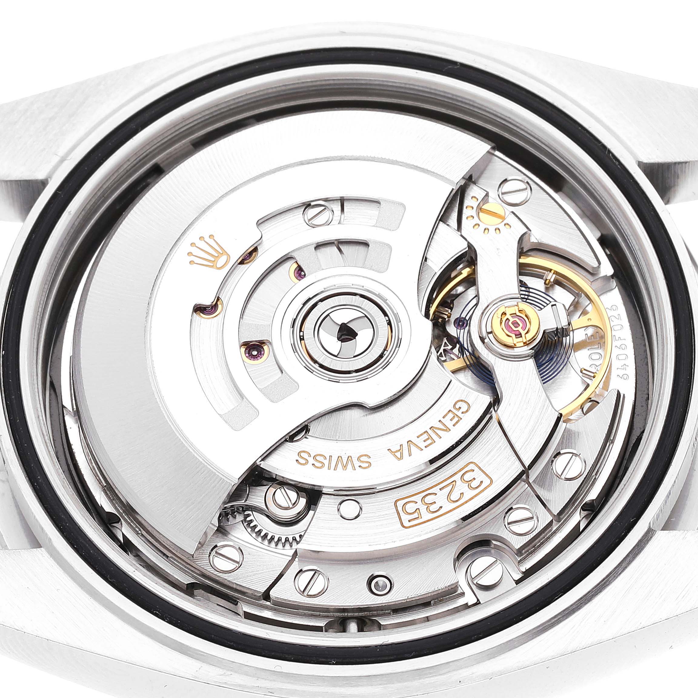 This image shows the movement and inner mechanism of a Rolex Datejust 41 126300 Men
s Stainless Steel Black Dial 126300 Men
s Stainless Steel Black Dial watch from a rear angle with the case back removed.