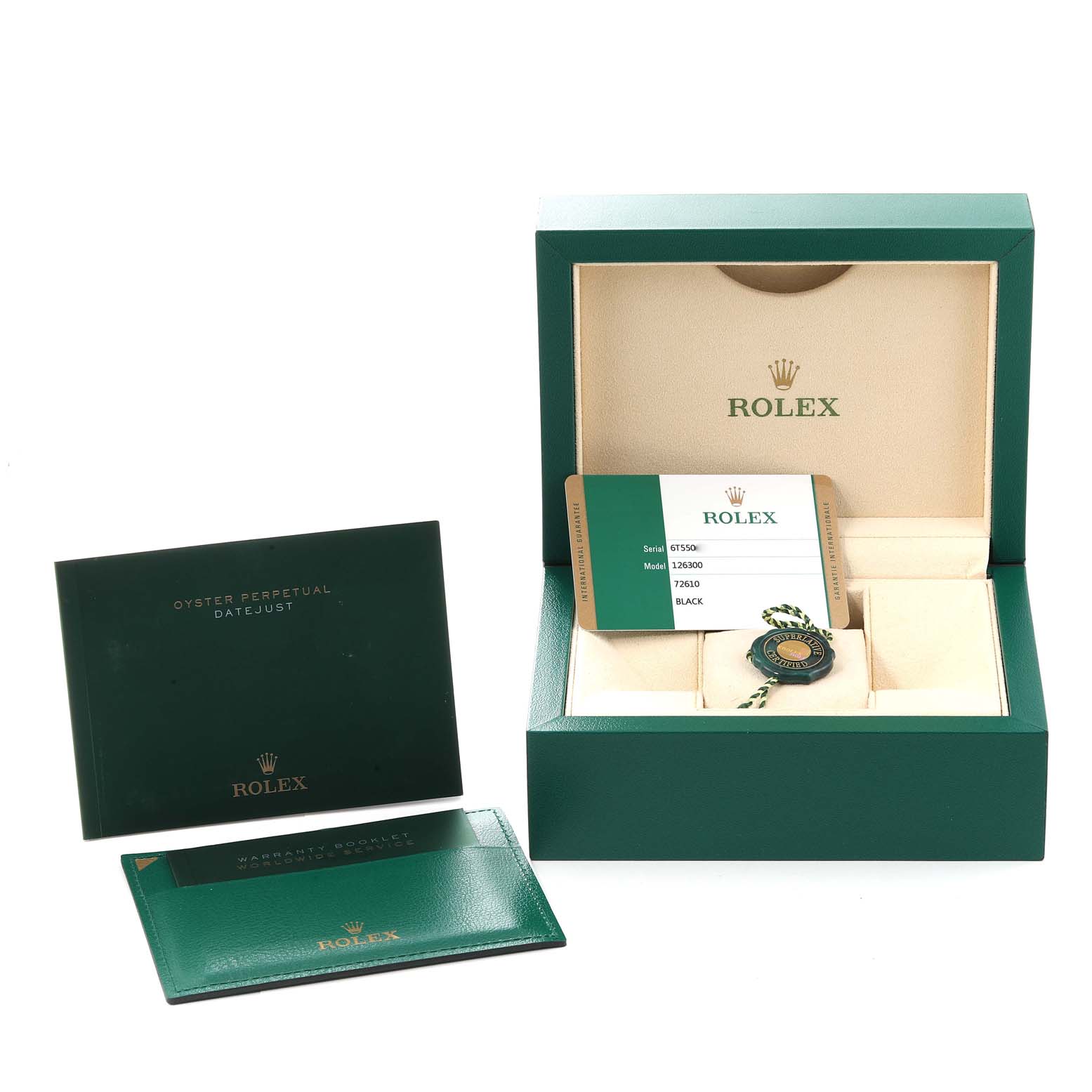 The image shows the open box, warranty card, booklet, and accessories of a Rolex Datejust 41 126300 Men
s Stainless Steel Black Dial 126300 Men
s Stainless Steel Black Dial watch.
