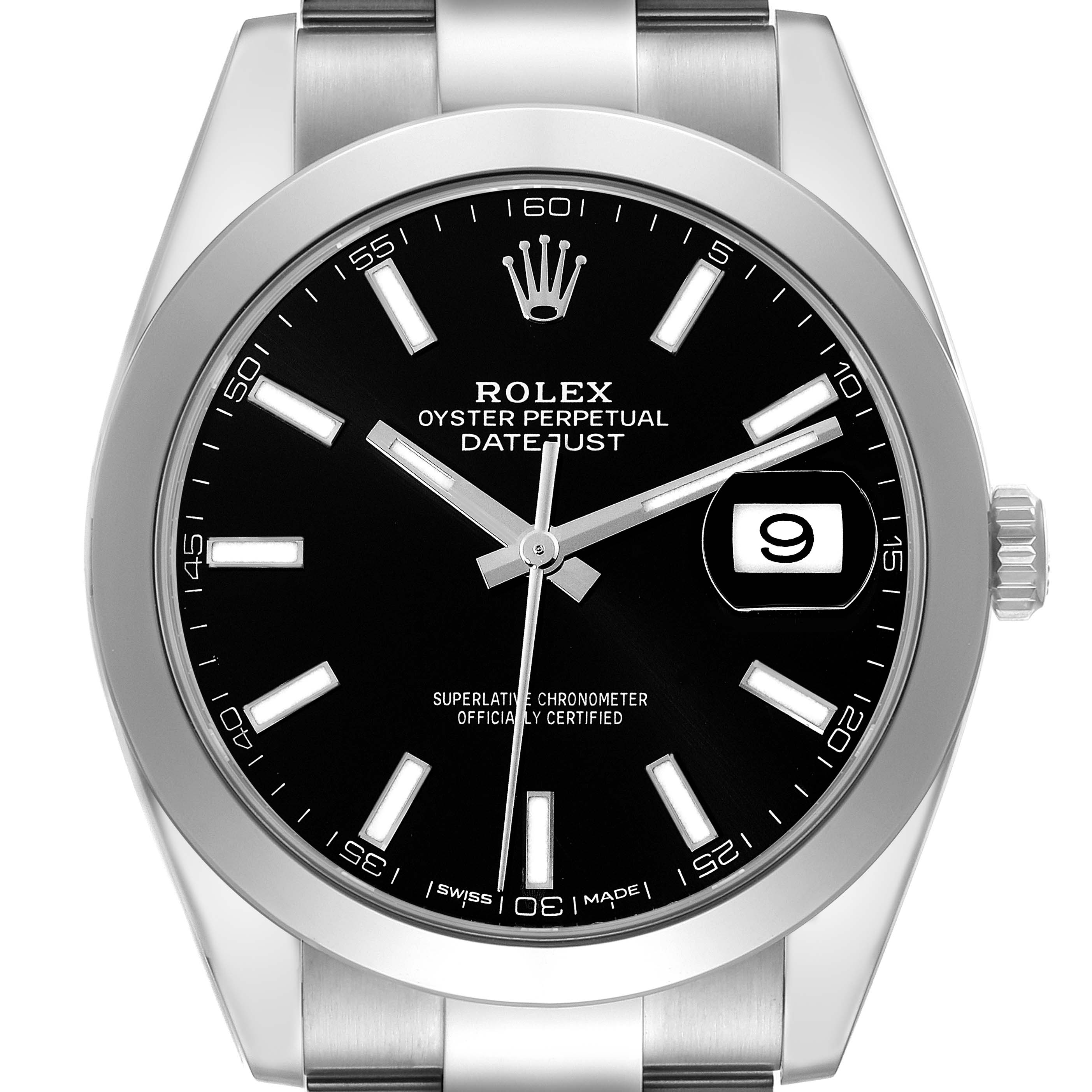 This image shows a front view of the Rolex Datejust 41 126300 Men
s Stainless Steel Black Dial 126300 Men
s Stainless Steel Black Dial watch with a black dial and a date display at 3 o
clock.