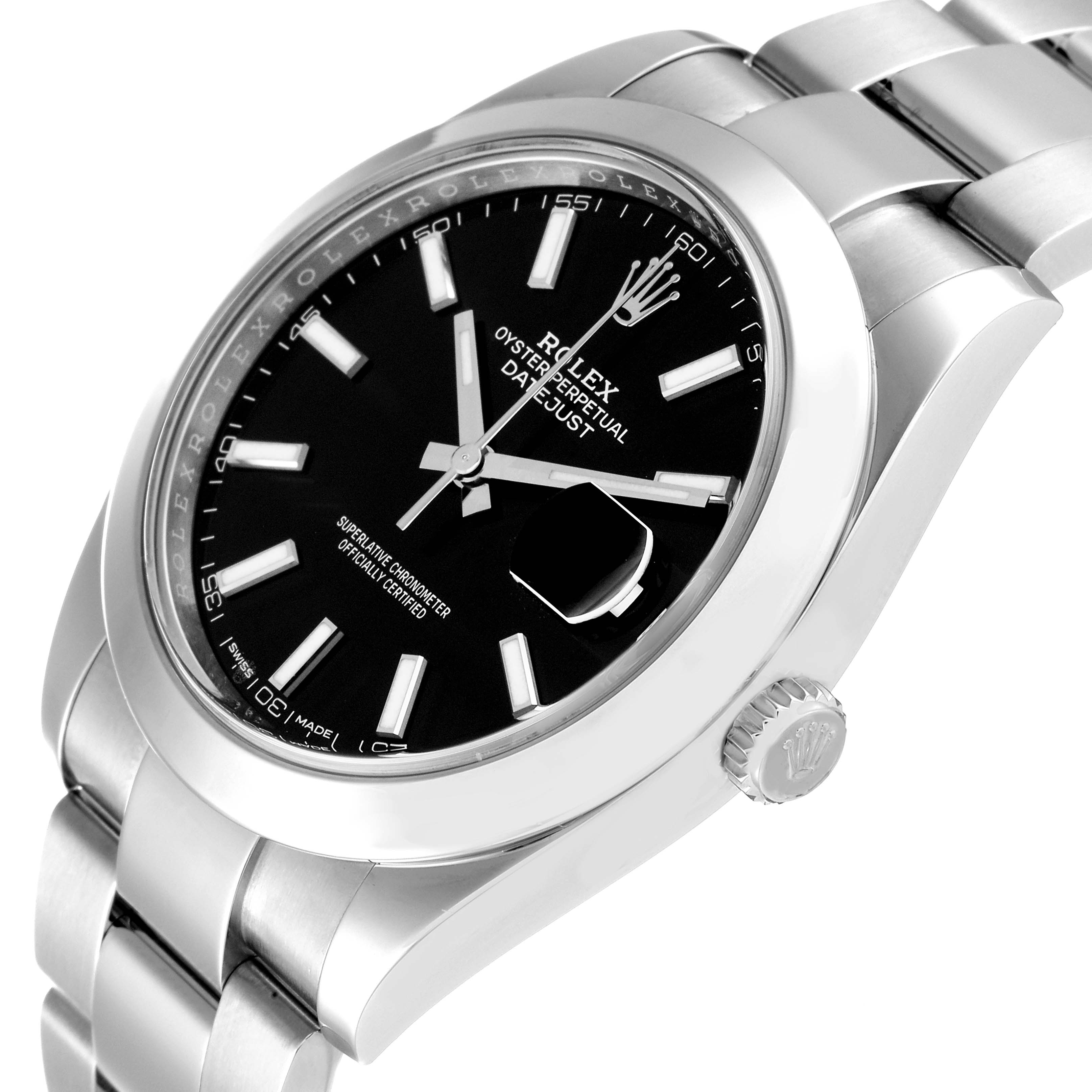 The image shows a Rolex Datejust 41 126300 Men
s Stainless Steel Black Dial 126300 Men
s Stainless Steel Black Dial watch from an angled side view, highlighting the black dial, crown, and part of the bracelet.