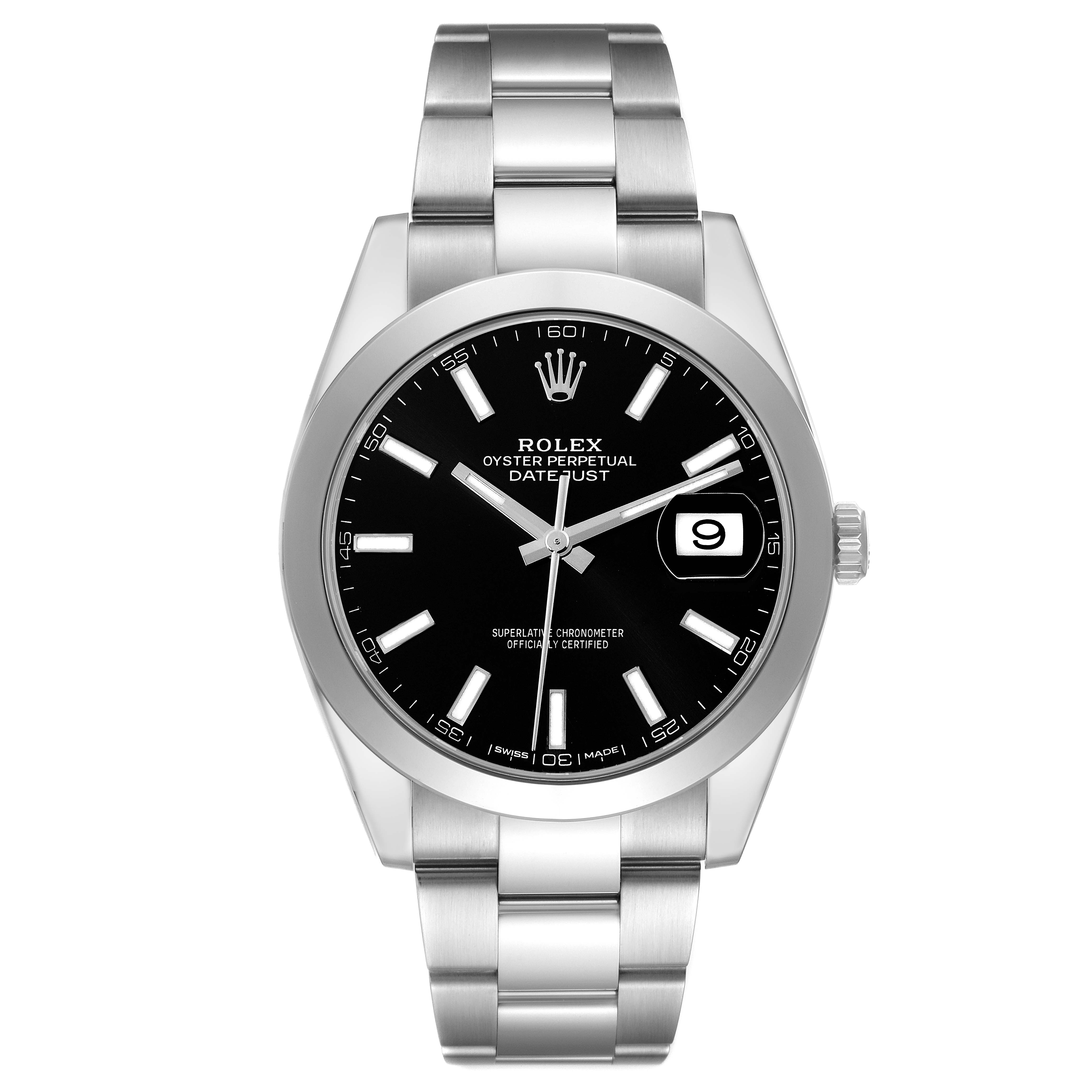 This Rolex Datejust 41 126300 Men
s Stainless Steel Black Dial 126300 Men
s Stainless Steel Black Dial watch is shown from the front, displaying the black dial, date window, and stainless steel bracelet.
