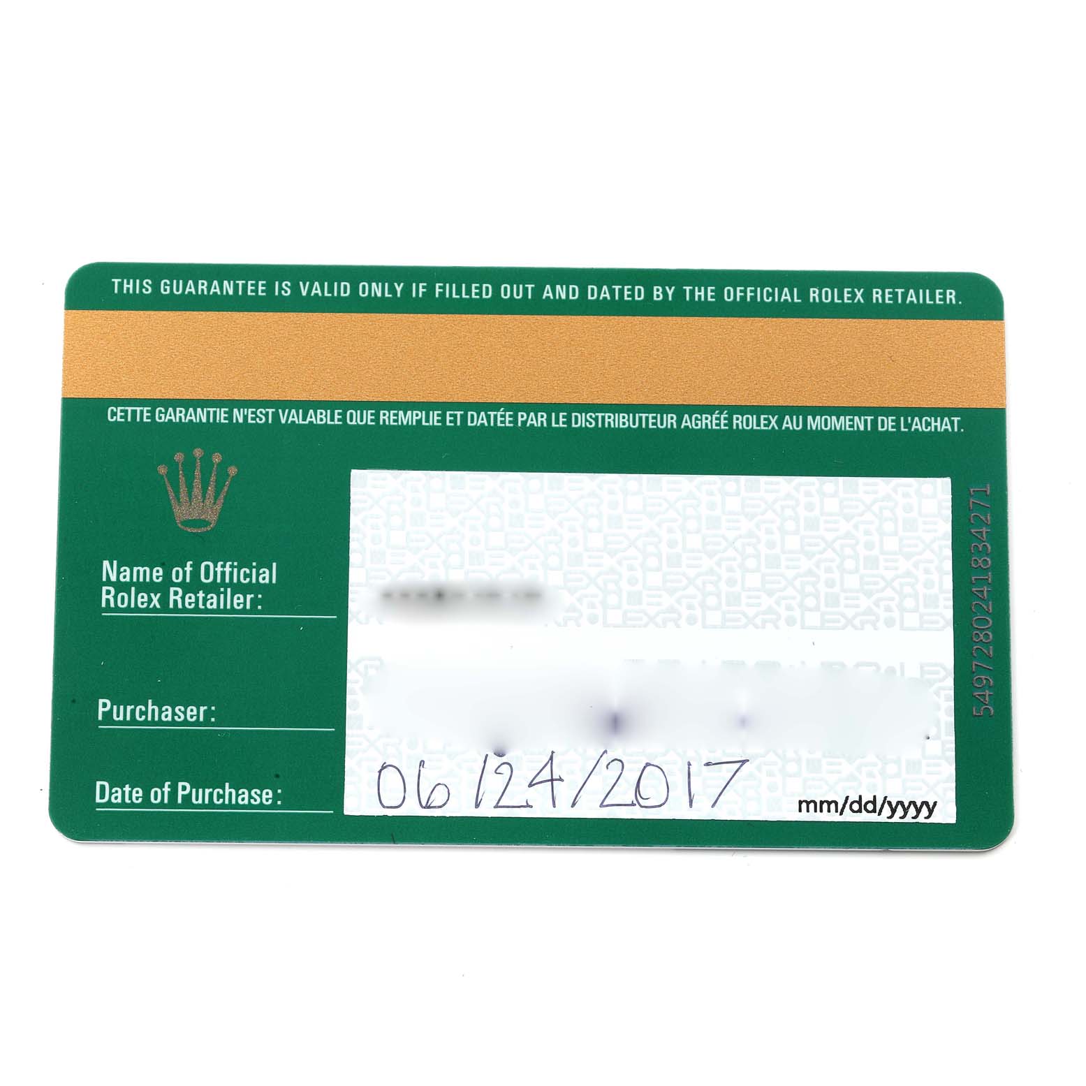 The image shows the guarantee card for the Rolex Datejust 41 126300 Men
s Stainless Steel Black Dial 126300 Men
s Stainless Steel Black Dial model, displaying purchase details and retailer information.