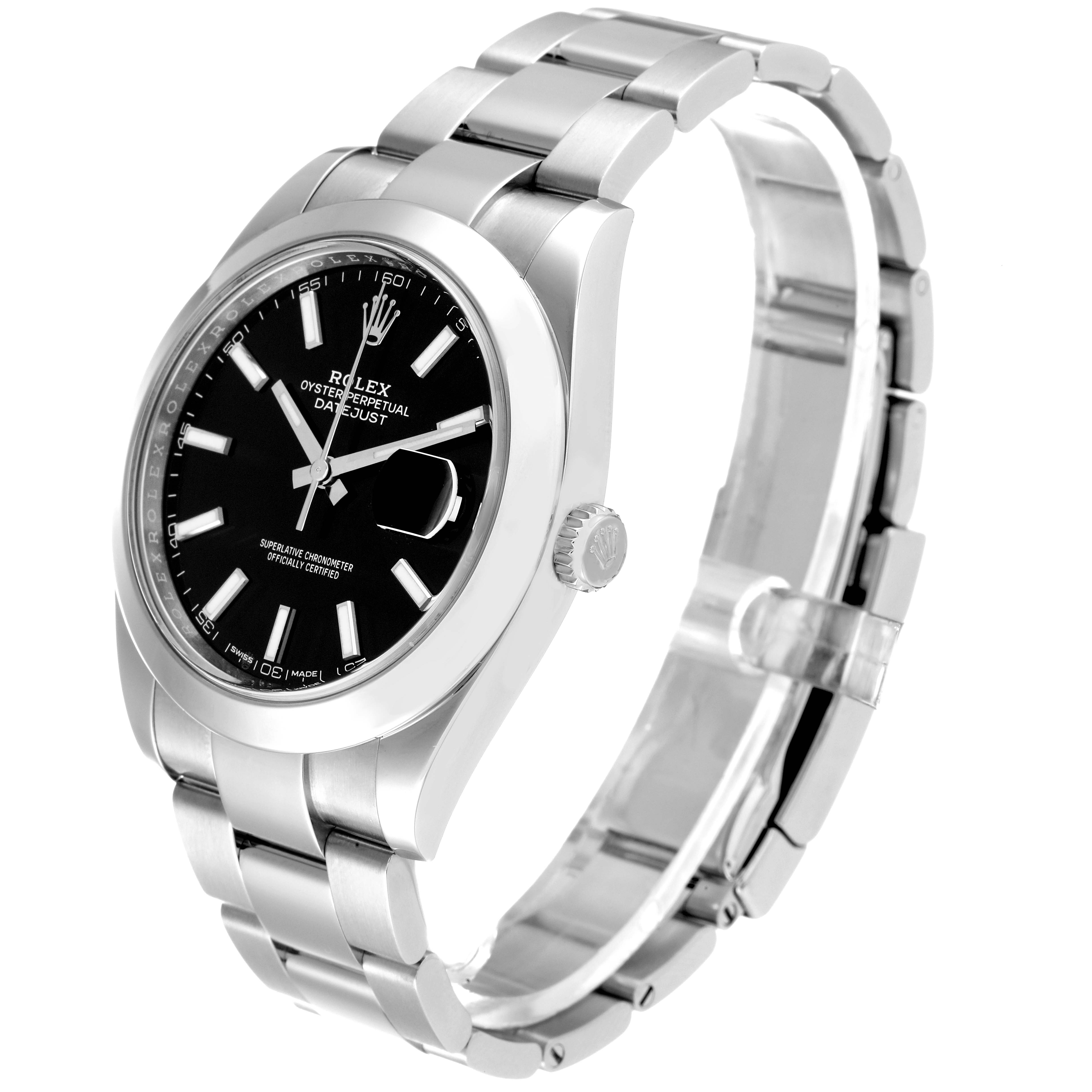 The image shows a three-quarter angle view of the Rolex Datejust 41 126300 Men
s Stainless Steel Black Dial 126300 Men
s Stainless Steel Black Dial watch, highlighting the face, bezel, crown, and part of the bracelet.