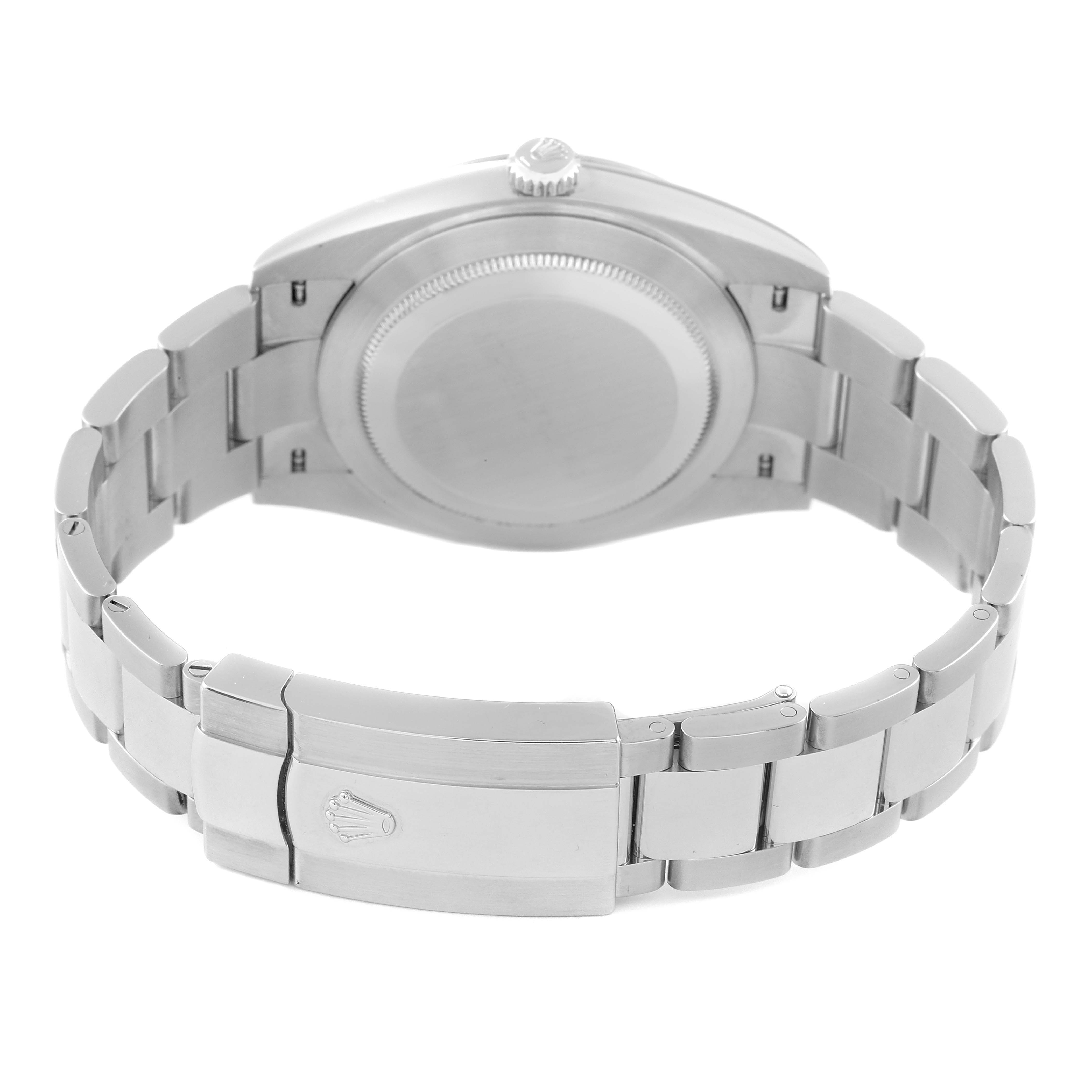 The image shows the back view of the Rolex Datejust 41 126300 Men
s Stainless Steel Grey Dial 126300 Men
s Stainless Steel Grey Dial watch, focusing on the case back and the clasp of the bracelet.