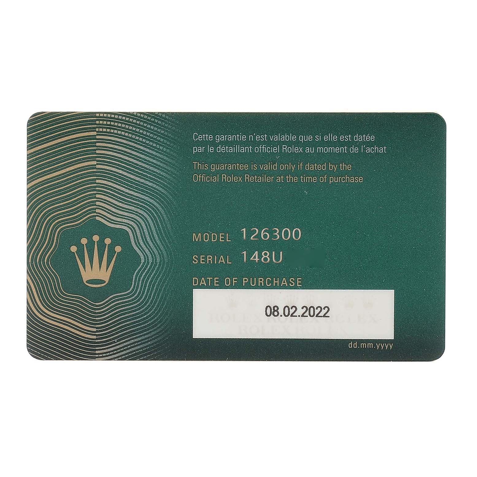 The image shows a warranty card for the Rolex Datejust 41 126300 Men
s Stainless Steel Grey Dial 126300 Men
s Stainless Steel Grey Dial model, displaying the model number, serial number, and date of purchase.