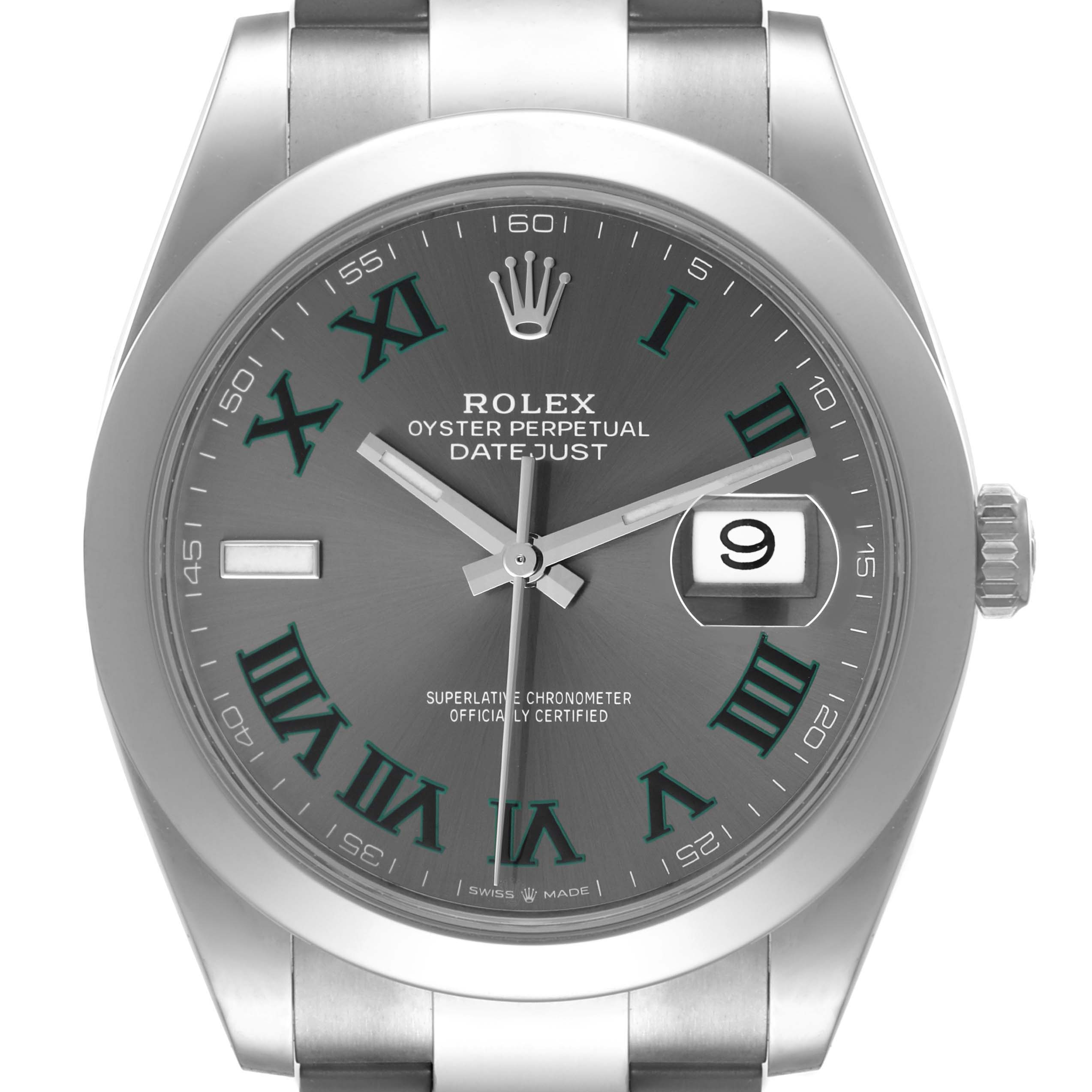 This image shows a front view of the Rolex Datejust 41 126300 Men
s Stainless Steel Grey Dial 126300 Men
s Stainless Steel Grey Dial watch, highlighting the dial, hands, date window, and bracelet.