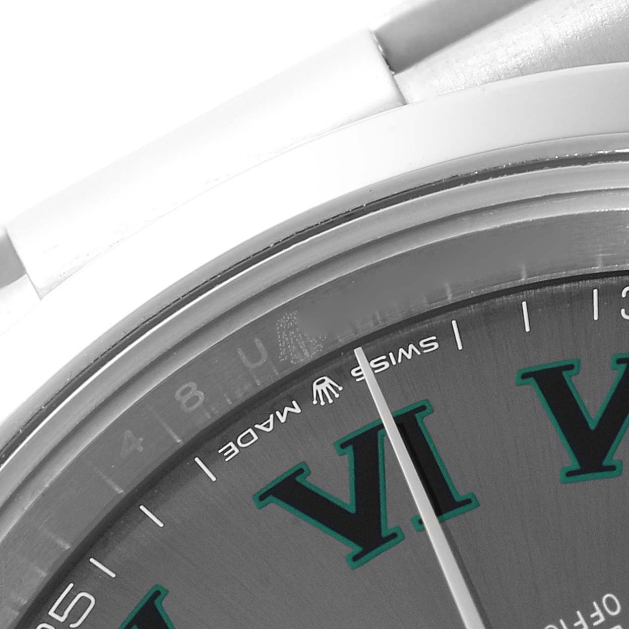 This close-up shows a partial view of the dial and bezel of a Rolex Datejust 41 126300 Men
s Stainless Steel Grey Dial 126300 Men
s Stainless Steel Grey Dial, highlighting the "Swiss Made" text and Roman numerals.