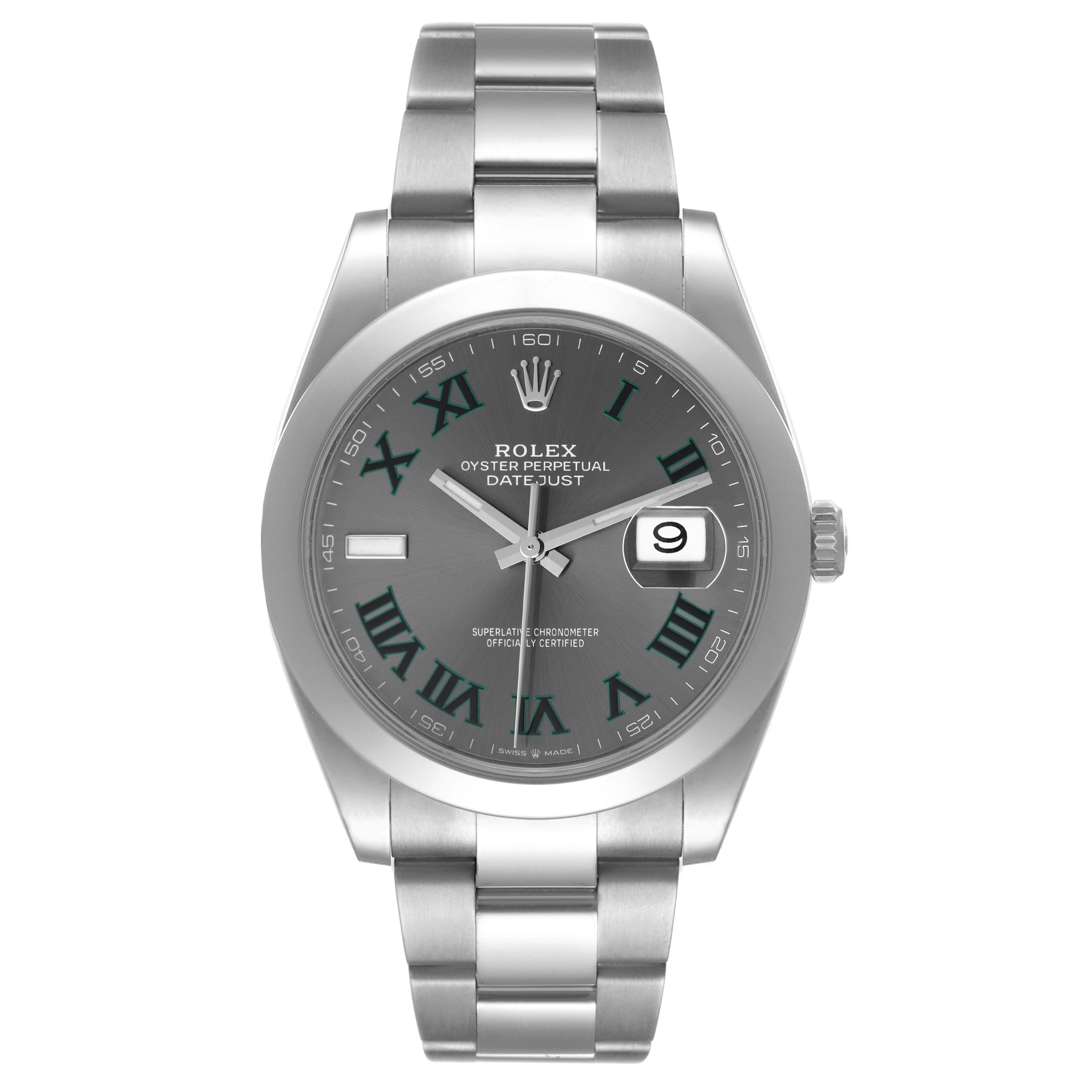 This is a front view of the Rolex Datejust 41 126300 Men
s Stainless Steel Grey Dial 126300 Men
s Stainless Steel Grey Dial watch, displaying its face, bracelet, crown, and date window.