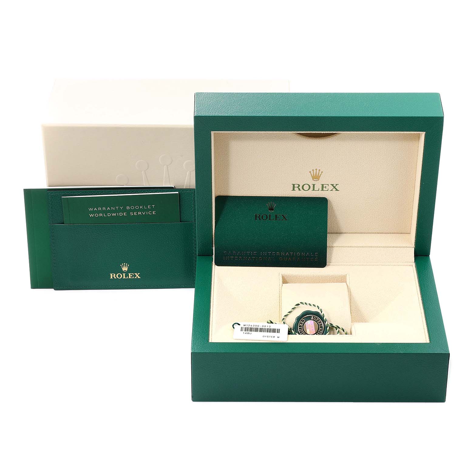 The image shows the packaging, warranty booklet, and certification card for the Rolex Datejust 41 126300 Men
s Stainless Steel Grey Dial 126300 Men
s Stainless Steel Grey Dial watch.