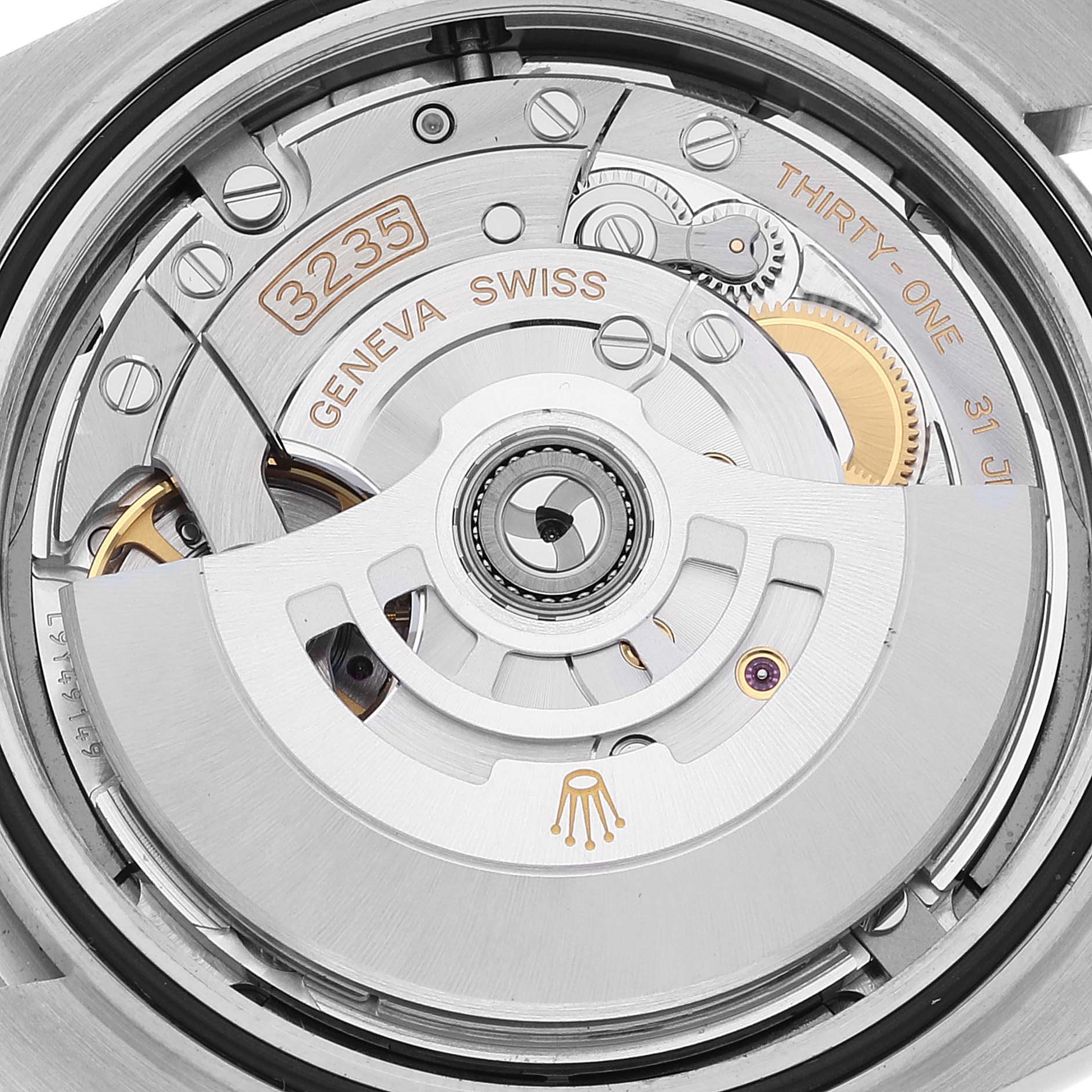 This image shows the movement mechanism of the Rolex Datejust 41 126300 Men
s Stainless Steel Grey Dial 126300 Men
s Stainless Steel Grey Dial watch from a rear angle.