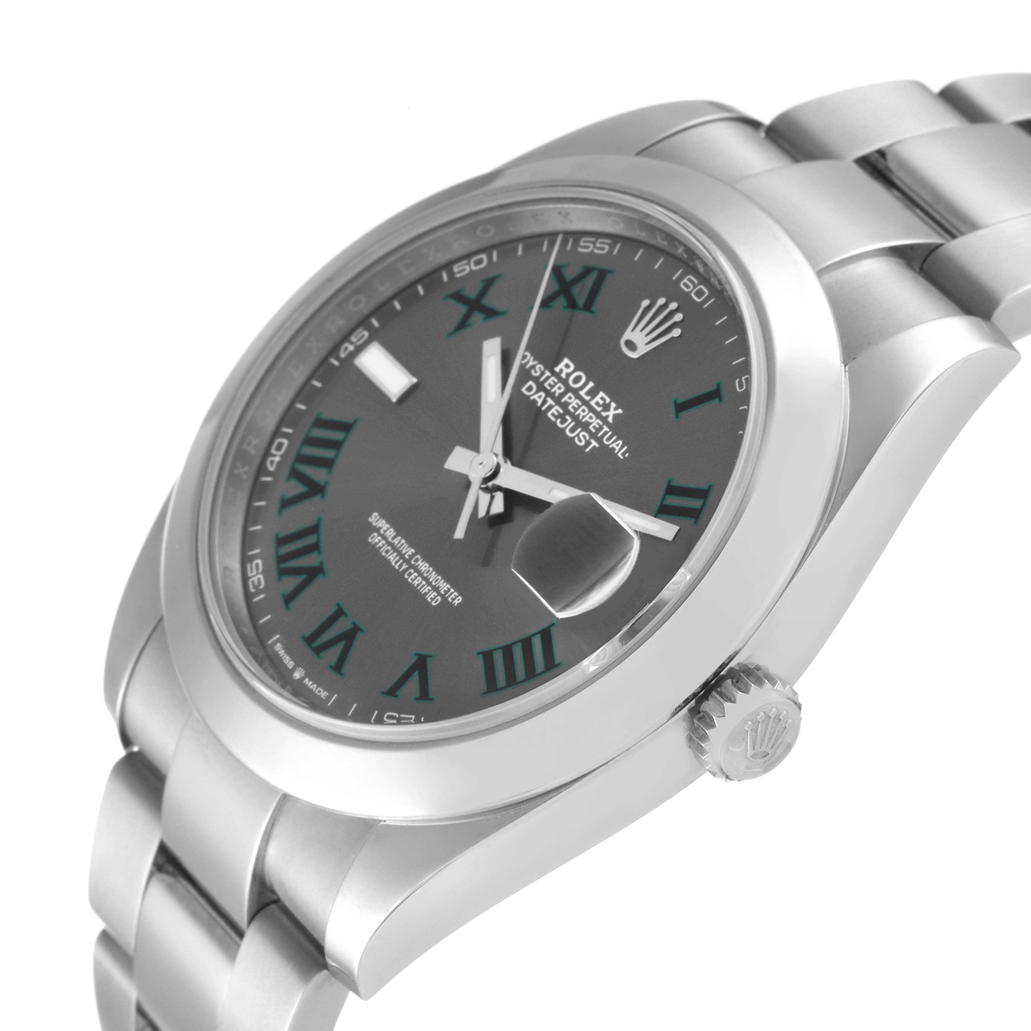 The image shows the Rolex Datejust 41 126300 Men
s Stainless Steel Grey Dial 126300 Men
s Stainless Steel Grey Dial watch from an angled view, featuring the crown, bracelet, dial, and date magnifier.