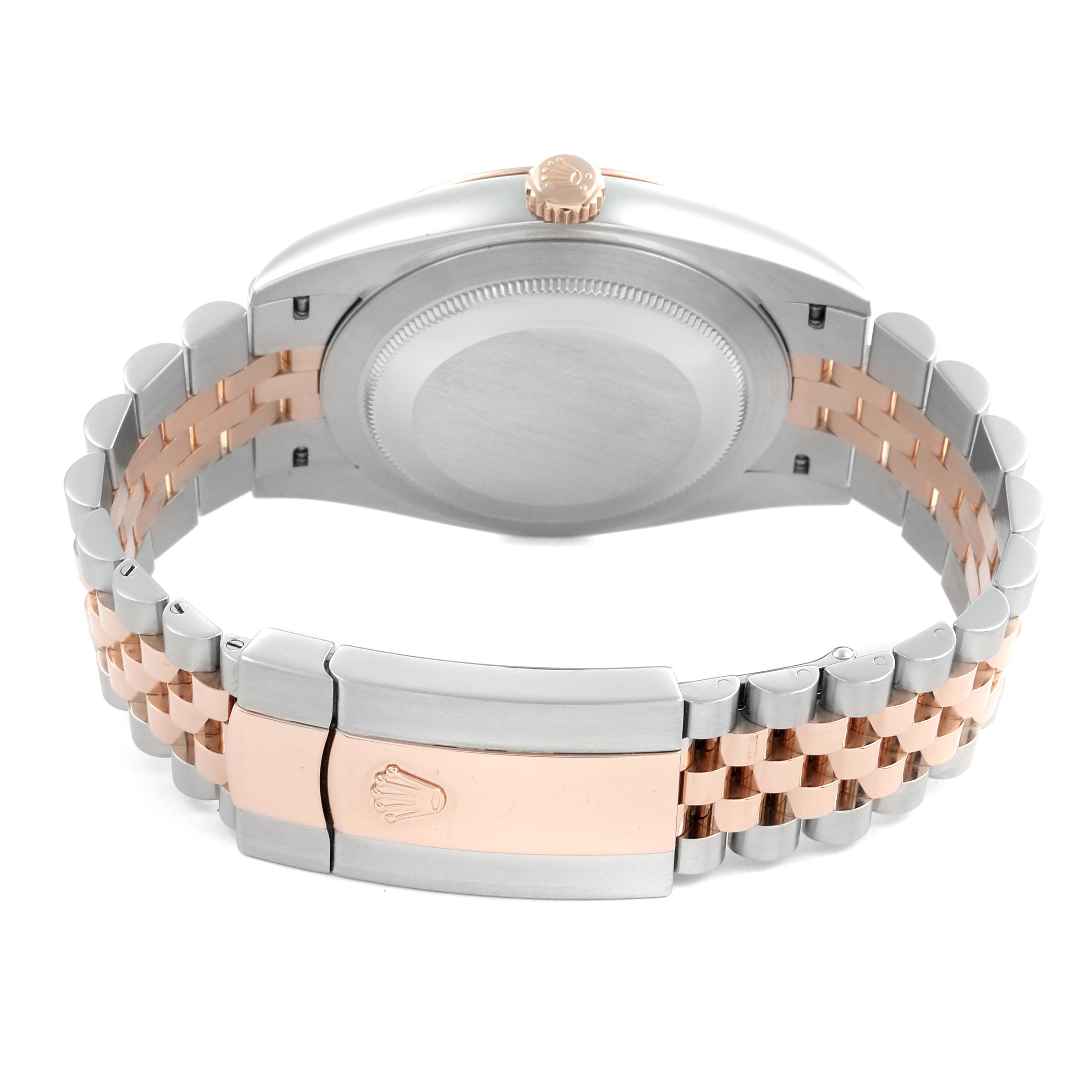 The Rolex Datejust 41 126301 Men's Steel and Gold (two tone) Pink Dial 126301 Men's Steel and Gold (two tone) Pink Dial is shown from the back, highlighting its two-tone bracelet and clasp.