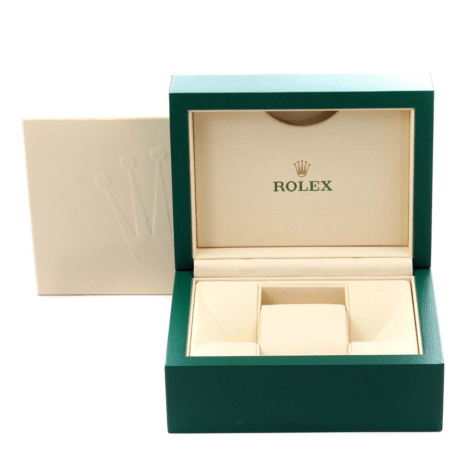 The image shows an open Rolex Datejust 41 126301 Men's Steel and Gold (two tone) Pink Dial 126301 Men's Steel and Gold (two tone) Pink Dial watch box with cushioned compartments, featuring a green exterior and beige interior.
