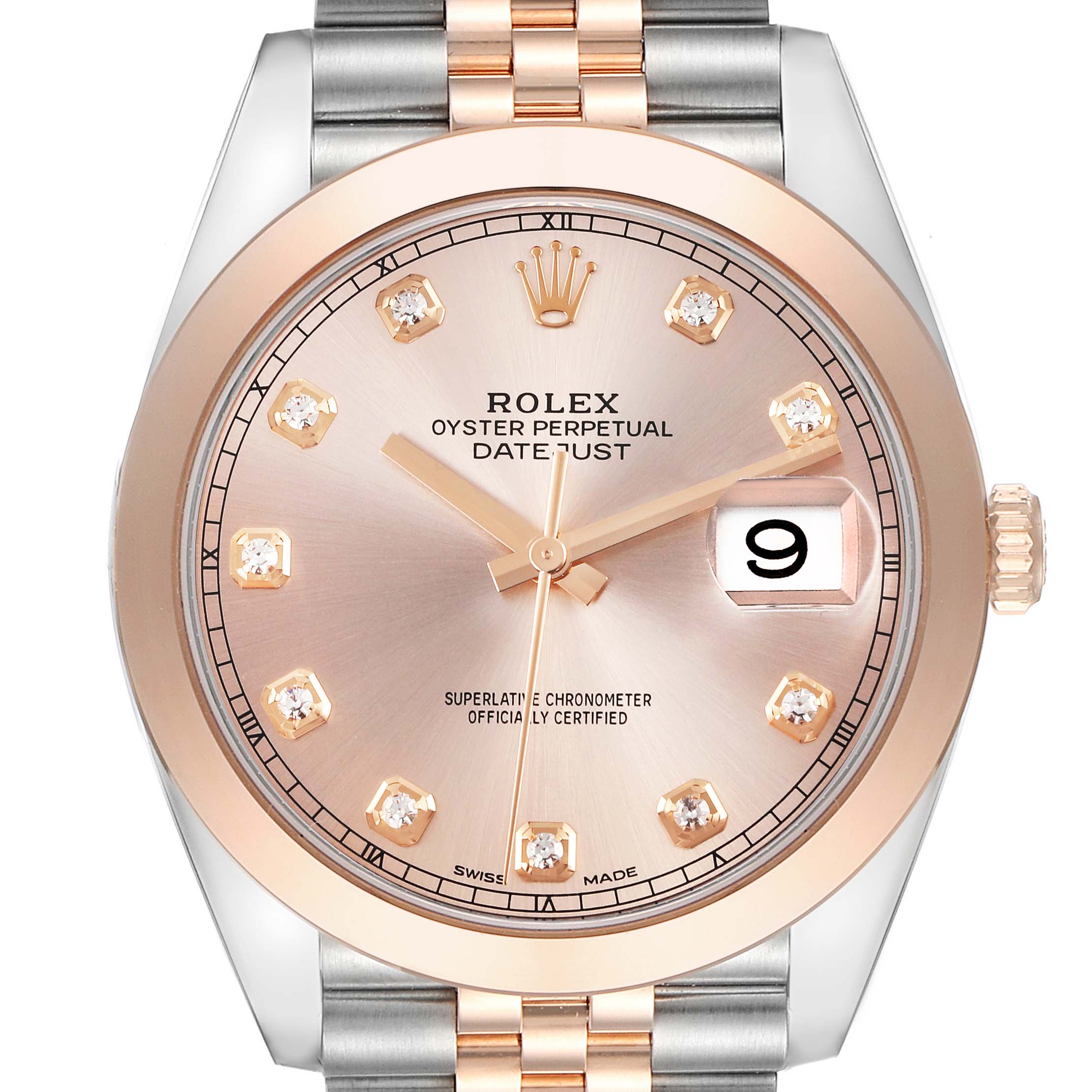 The Rolex Datejust 41 126301 Men's Steel and Gold (two tone) Pink Dial 126301 Men's Steel and Gold (two tone) Pink Dial is shown from the front, highlighting the dial, hands, date window, and part of the bracelet.