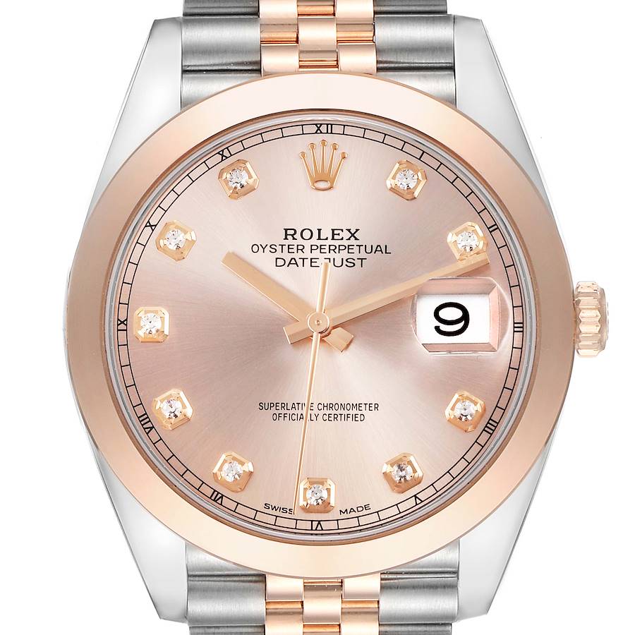 The Rolex Datejust 41 is shown from the front, highlighting the dial, hands, date window, and part of the bracelet.