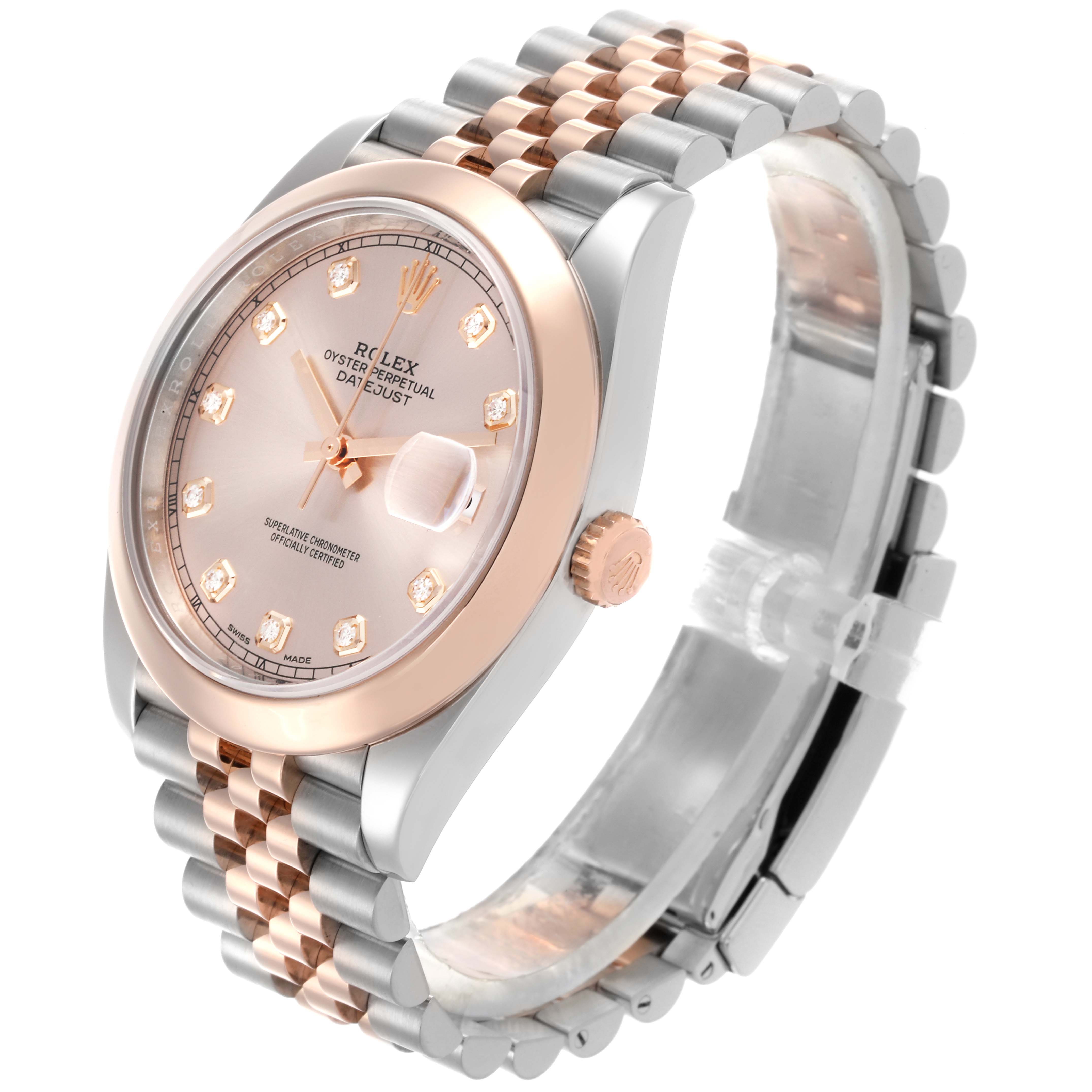 The Rolex Datejust 41 126301 Men's Steel and Gold (two tone) Pink Dial 126301 Men's Steel and Gold (two tone) Pink Dial watch is shown at an angled side view, featuring the dial, bezel, crown, and a part of the jubilee bracelet.
