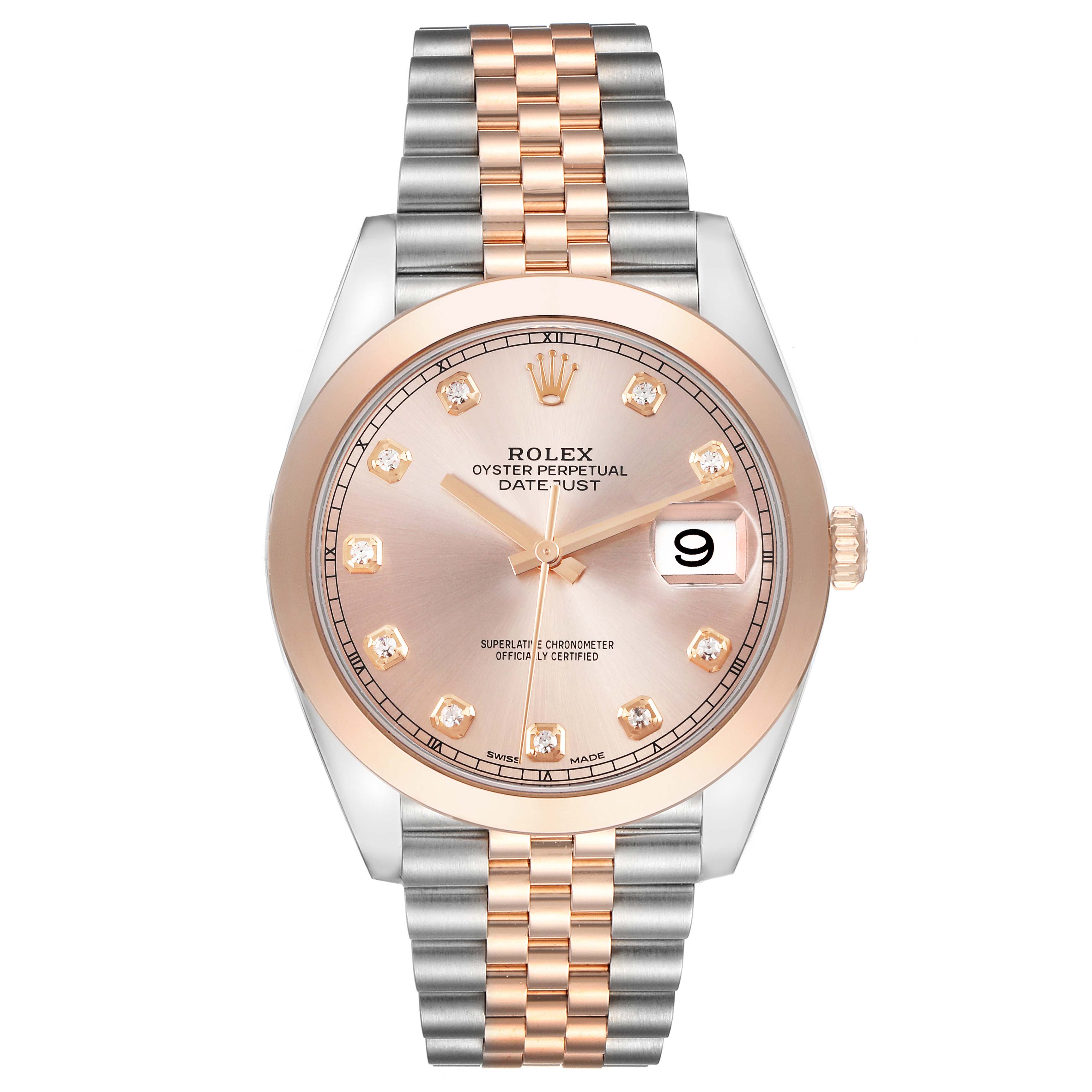 The Rolex Datejust 41 126301 Men's Steel and Gold (two tone) Pink Dial 126301 Men's Steel and Gold (two tone) Pink Dial is shown from the front, displaying the dial, bezel, and part of the bracelet.