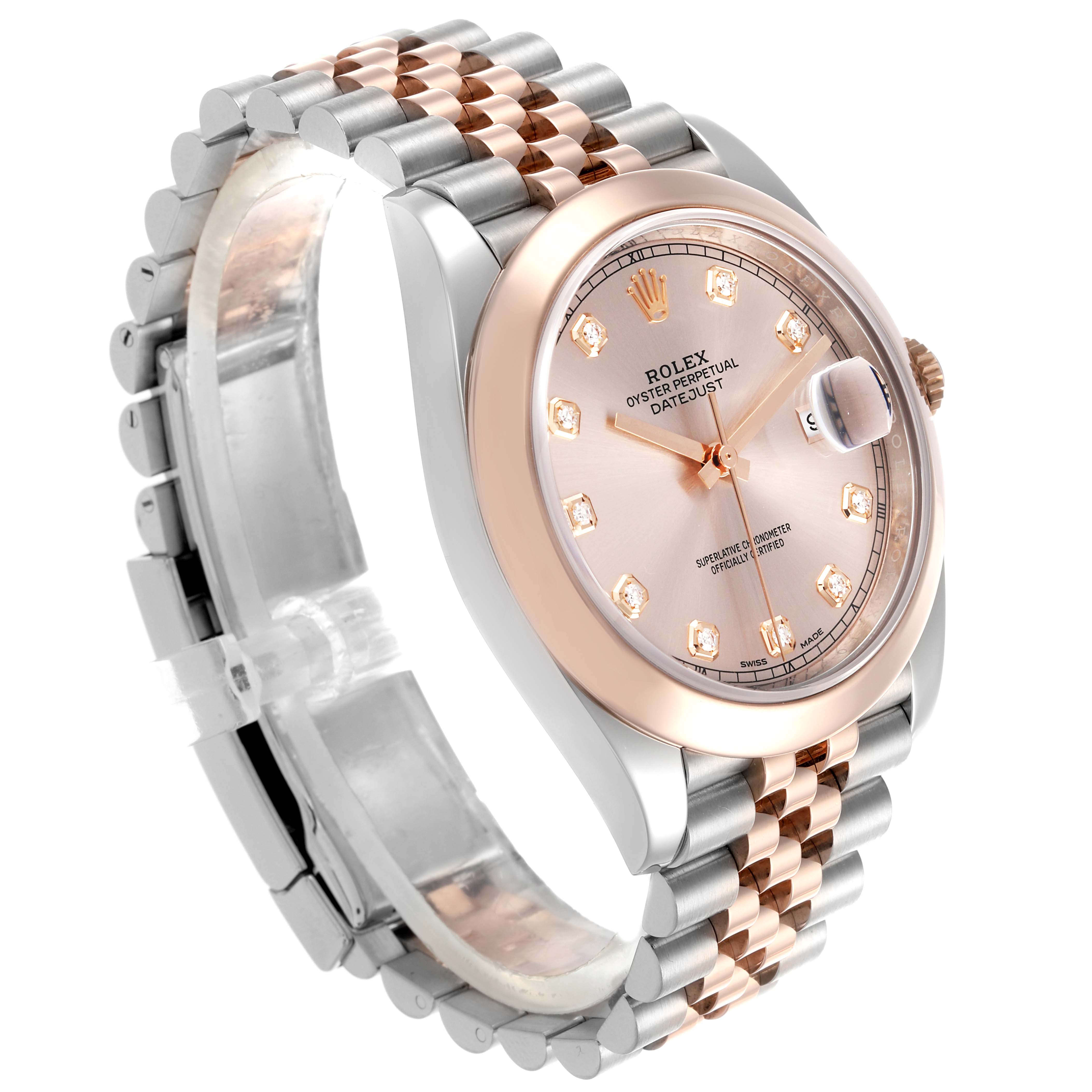 The Rolex Datejust 41 126301 Men's Steel and Gold (two tone) Pink Dial 126301 Men's Steel and Gold (two tone) Pink Dial is shown at an angle displaying the dial, bezel, crown, and bracelet.