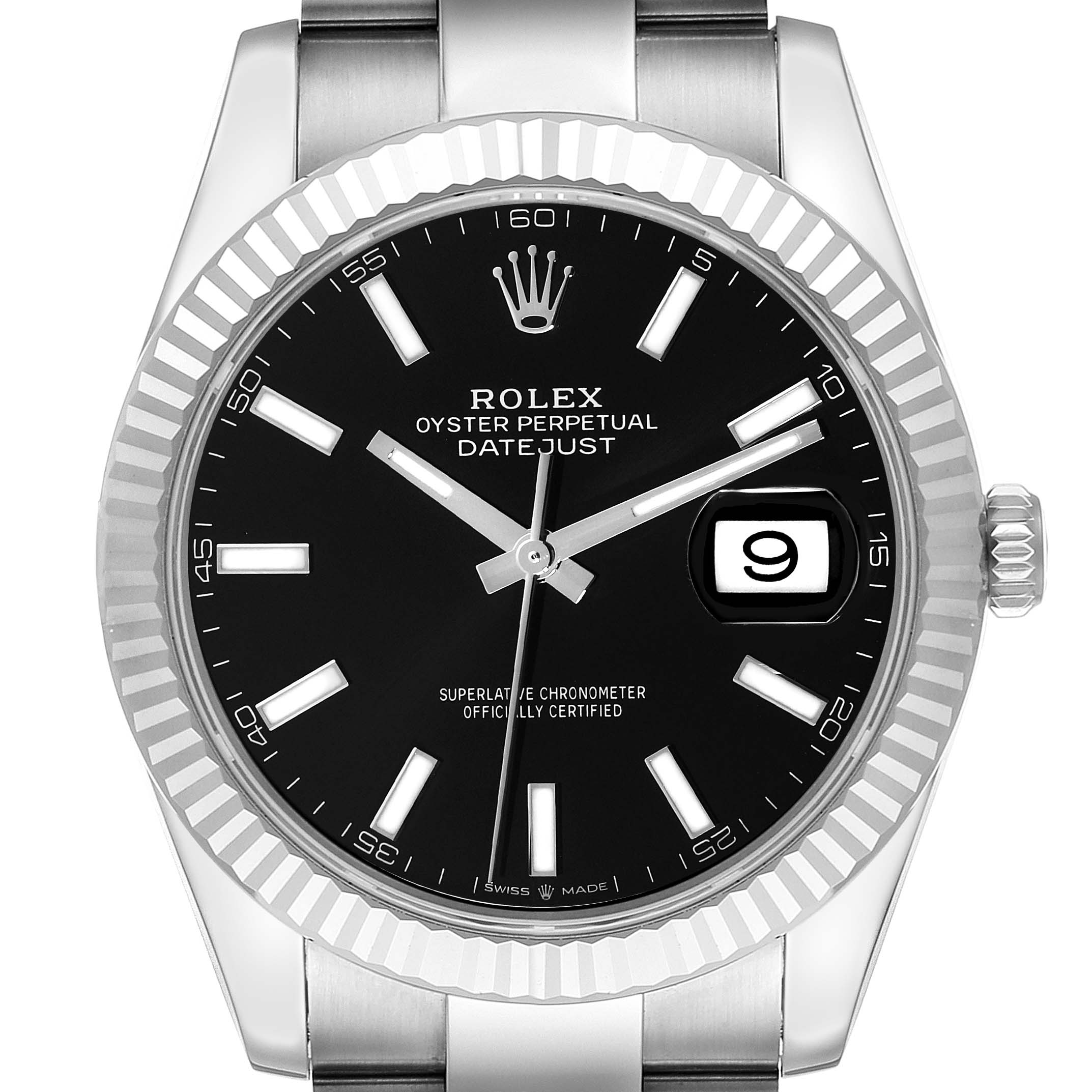 The image shows a front view of the Rolex Datejust 41 126334 Men's Stainless Steel Black Dial 126334 Men's Stainless Steel Black Dial watch, highlighting the black dial, date window, and fluted bezel.