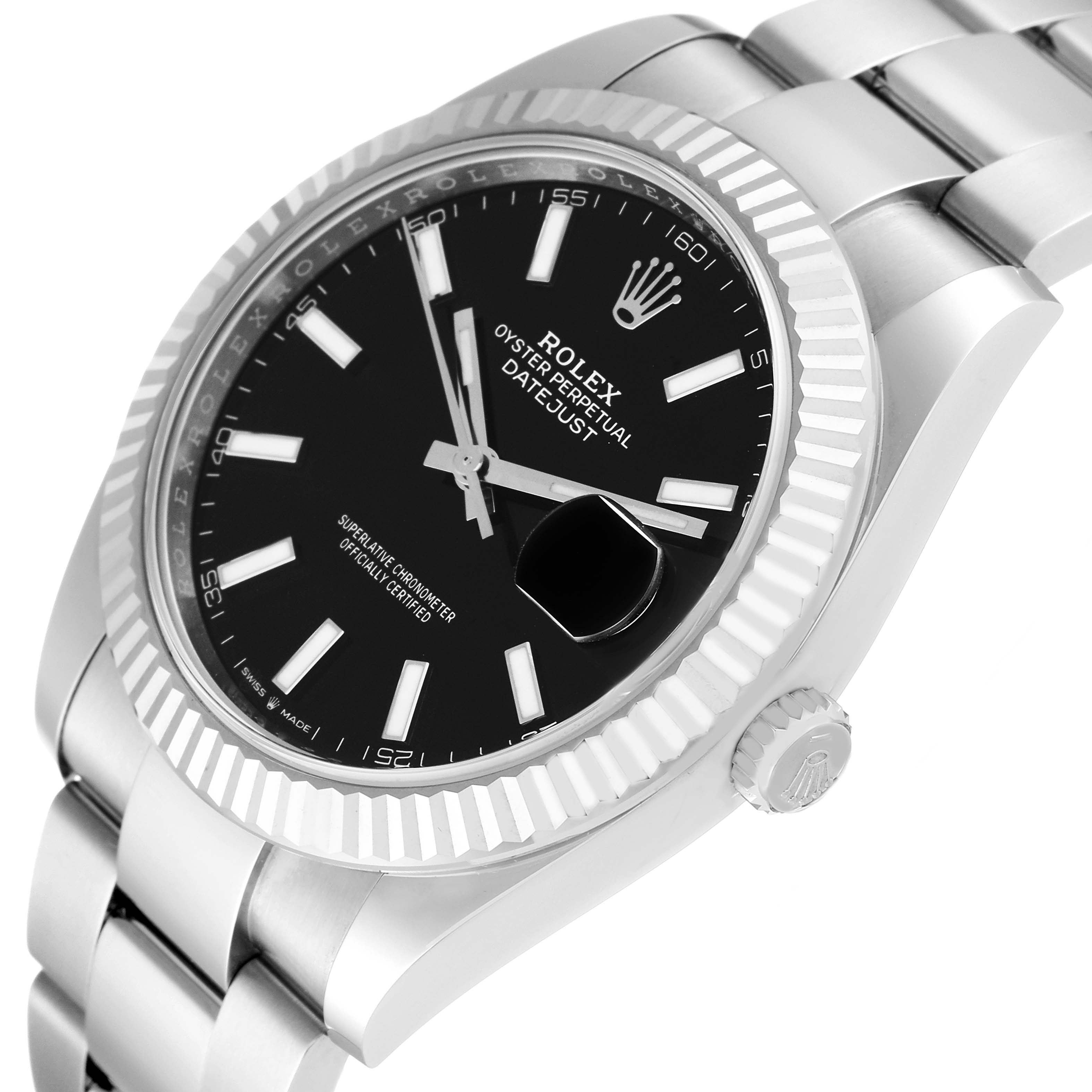 The image shows a Rolex Datejust 41 126334 Men's Stainless Steel Black Dial 126334 Men's Stainless Steel Black Dial watch angled from the top front, highlighting its face, dial, bezel, and part of the bracelet.