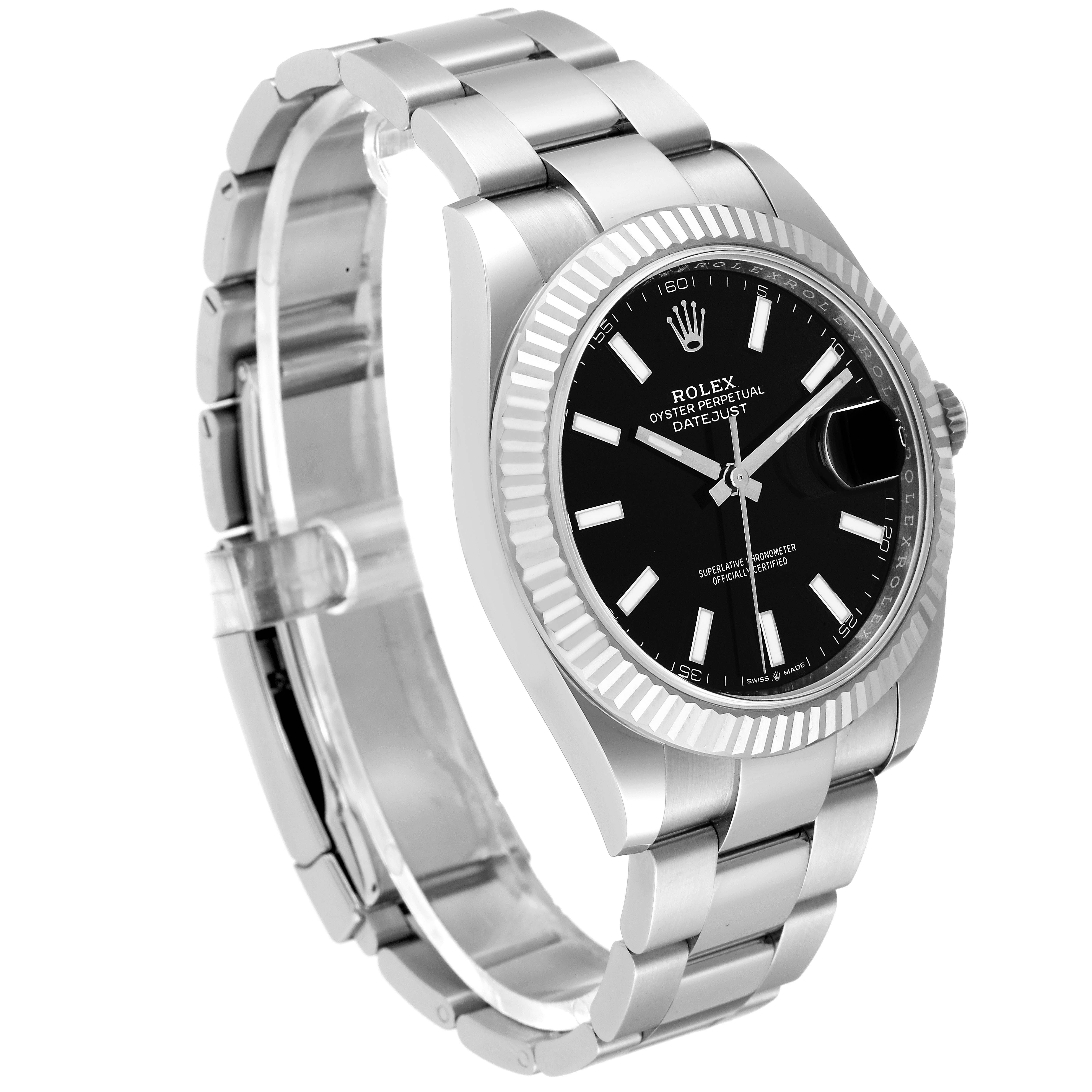 The Rolex Datejust 41 126334 Men's Stainless Steel Black Dial 126334 Men's Stainless Steel Black Dial is shown from a three-quarter angle, displaying the dial, bezel, and bracelet.