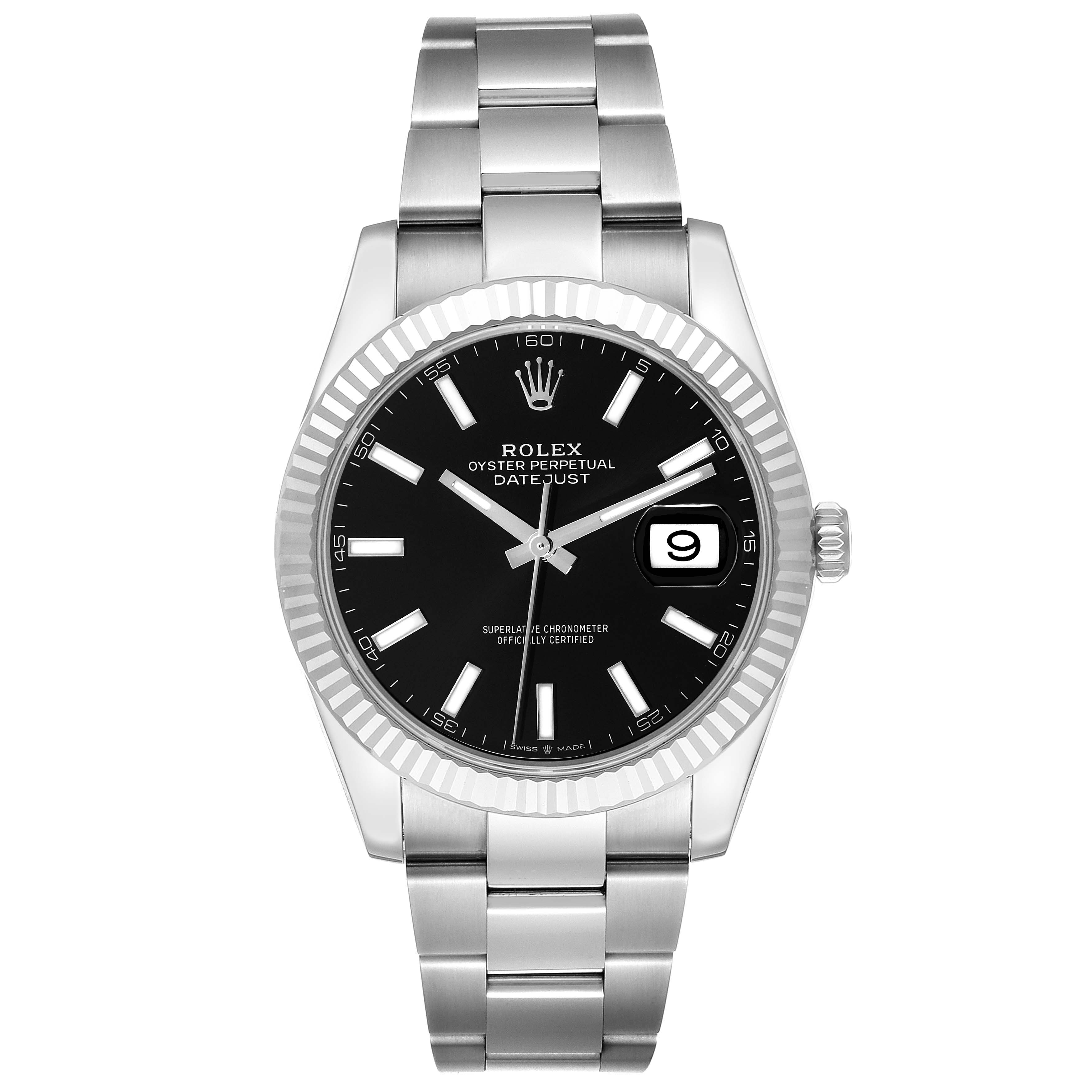 The image shows a front view of a Rolex Datejust 41 126334 Men's Stainless Steel Black Dial 126334 Men's Stainless Steel Black Dial, displaying its black dial, fluted bezel, and stainless steel bracelet.