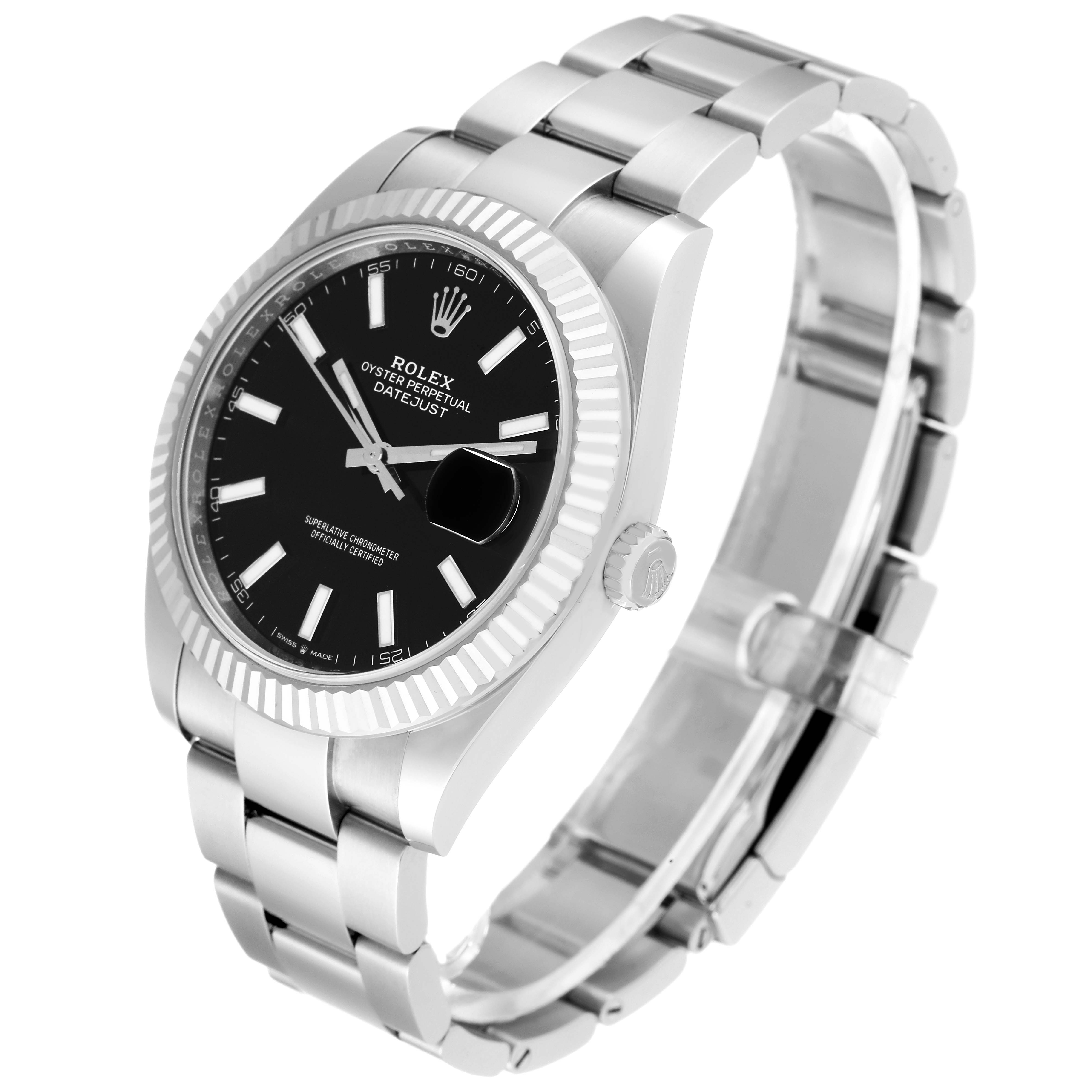The image shows a Rolex Datejust 41 126334 Men's Stainless Steel Black Dial 126334 Men's Stainless Steel Black Dial watch from an angled side view, highlighting the bracelet and dial.