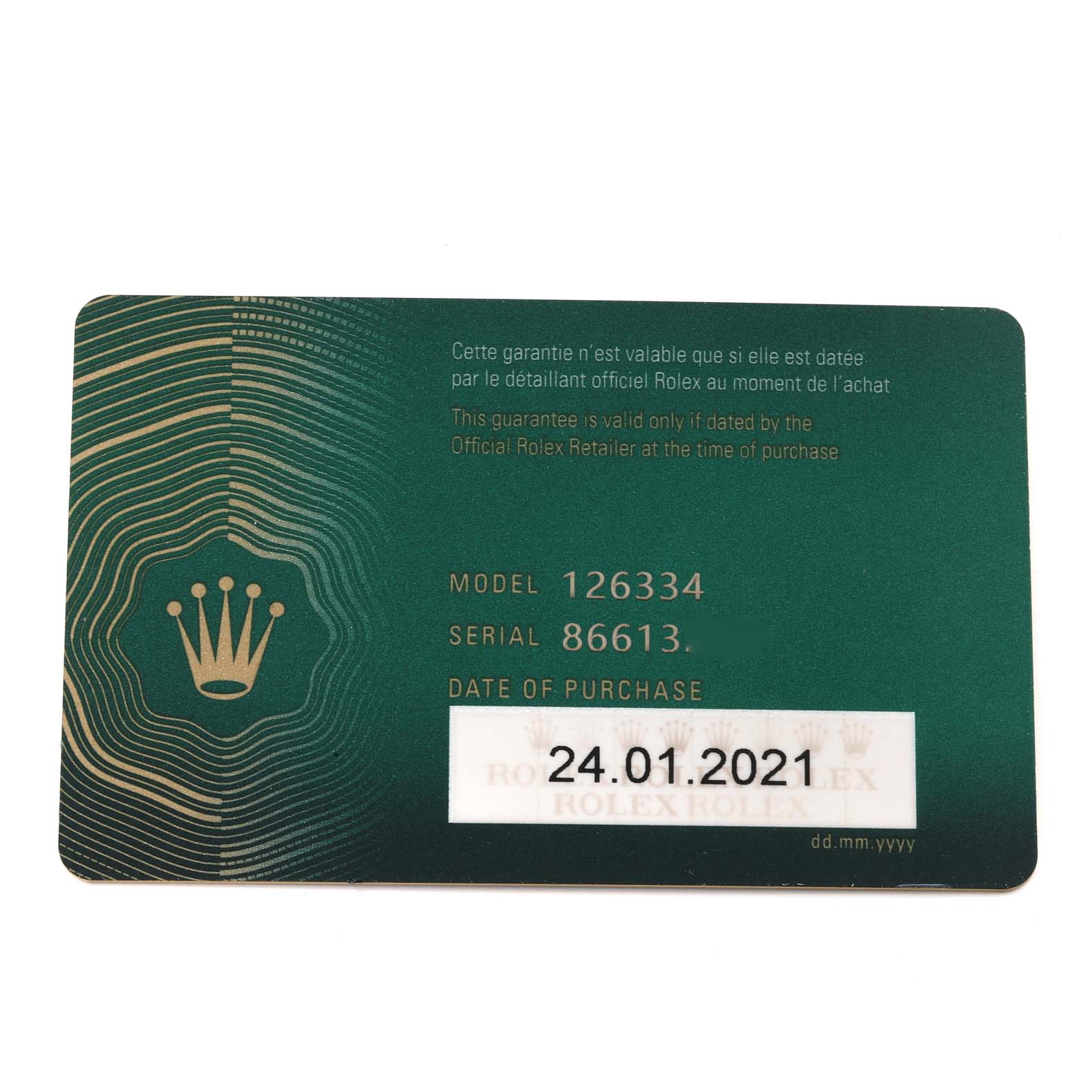 The image shows the warranty card of a Rolex Datejust 41 126334 Men's Stainless Steel Black Dial 126334 Men's Stainless Steel Black Dial model 126334 with the date of purchase listed as 24.01.2021.