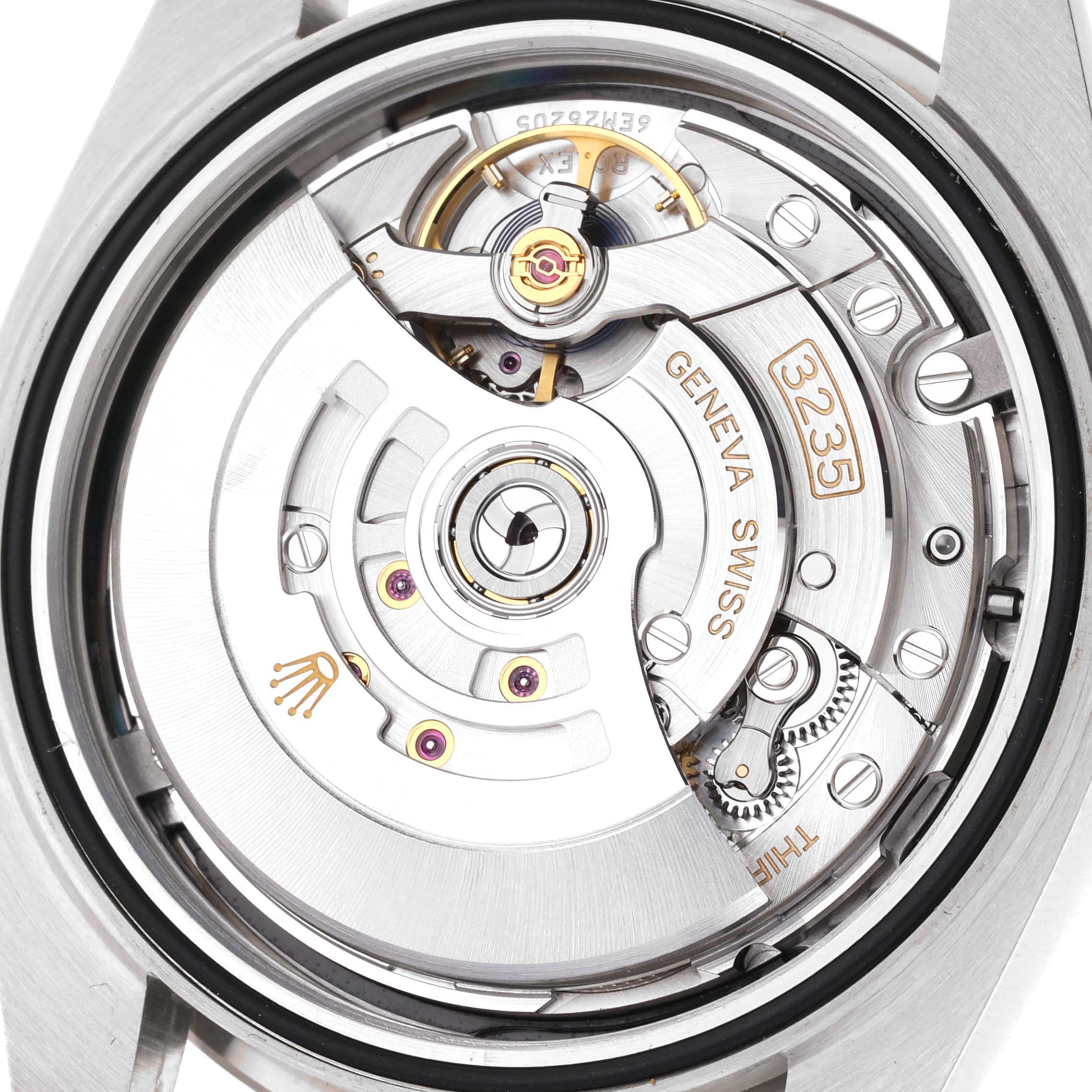 The image shows the intricate internal movement mechanism of a Rolex Datejust 41 126334 Men's Stainless Steel Black Dial 126334 Men's Stainless Steel Black Dial model.