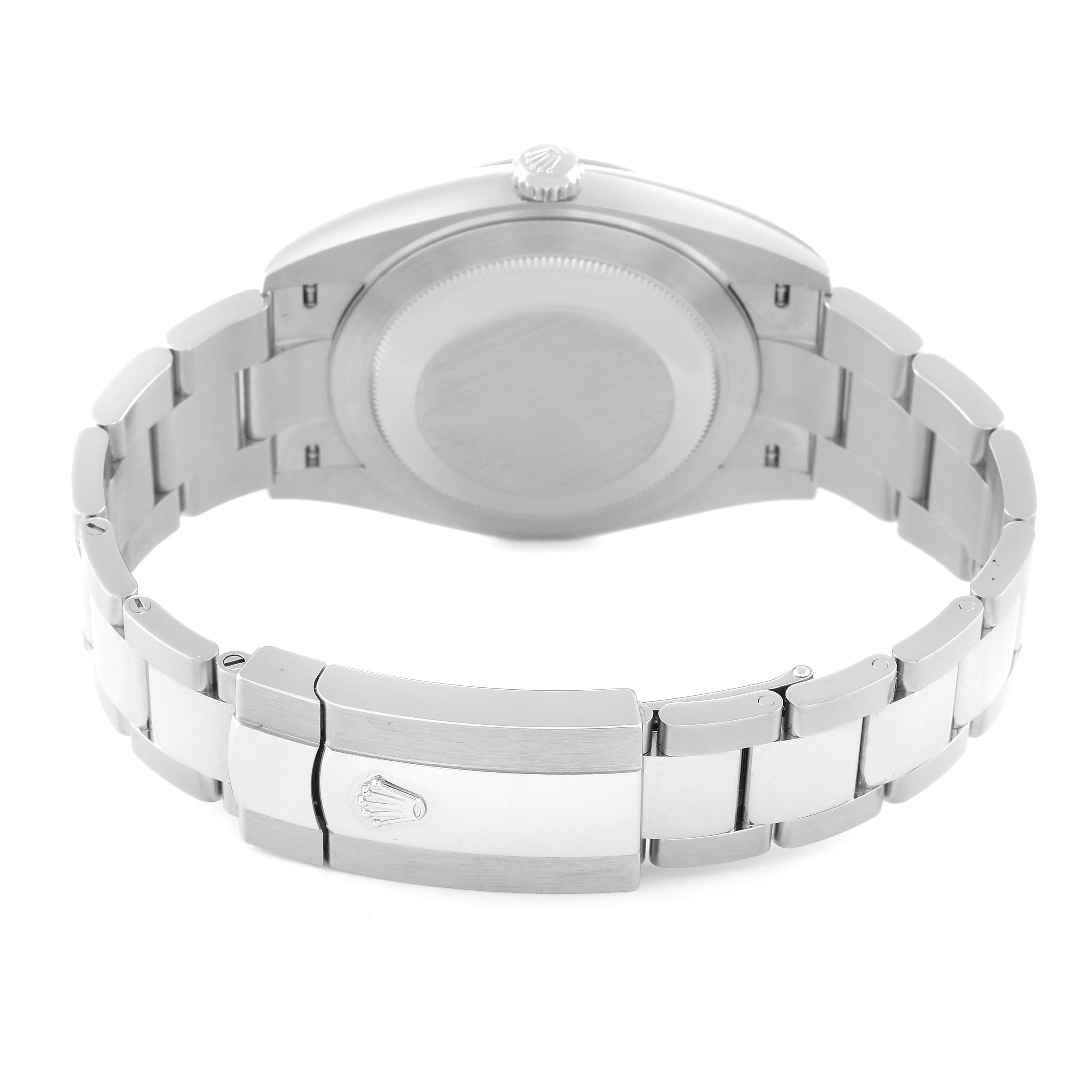 The image shows the back view of a Rolex Datejust 41 126334 Men's Stainless Steel Black Dial 126334 Men's Stainless Steel Black Dial watch, highlighting the case back and bracelet clasp.