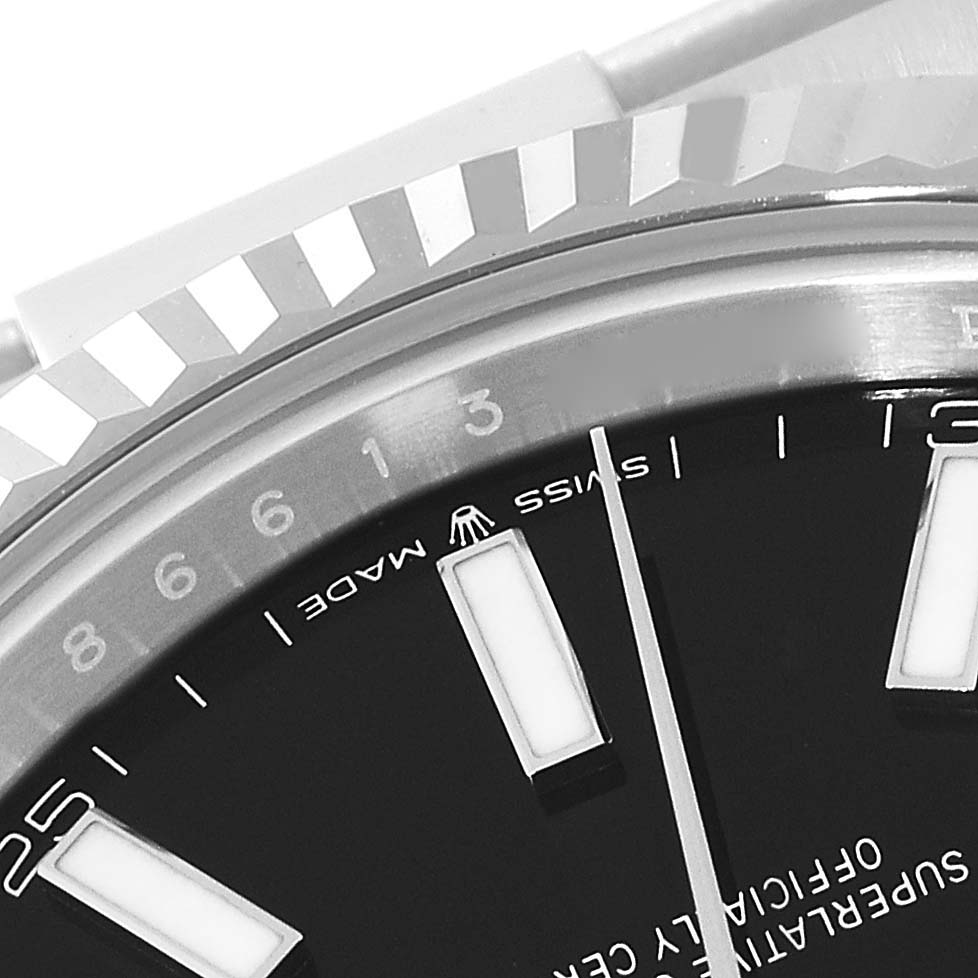 The image shows a close-up of the dial, bezel, and markers of a Rolex Datejust 41 126334 Men's Stainless Steel Black Dial 126334 Men's Stainless Steel Black Dial watch.
