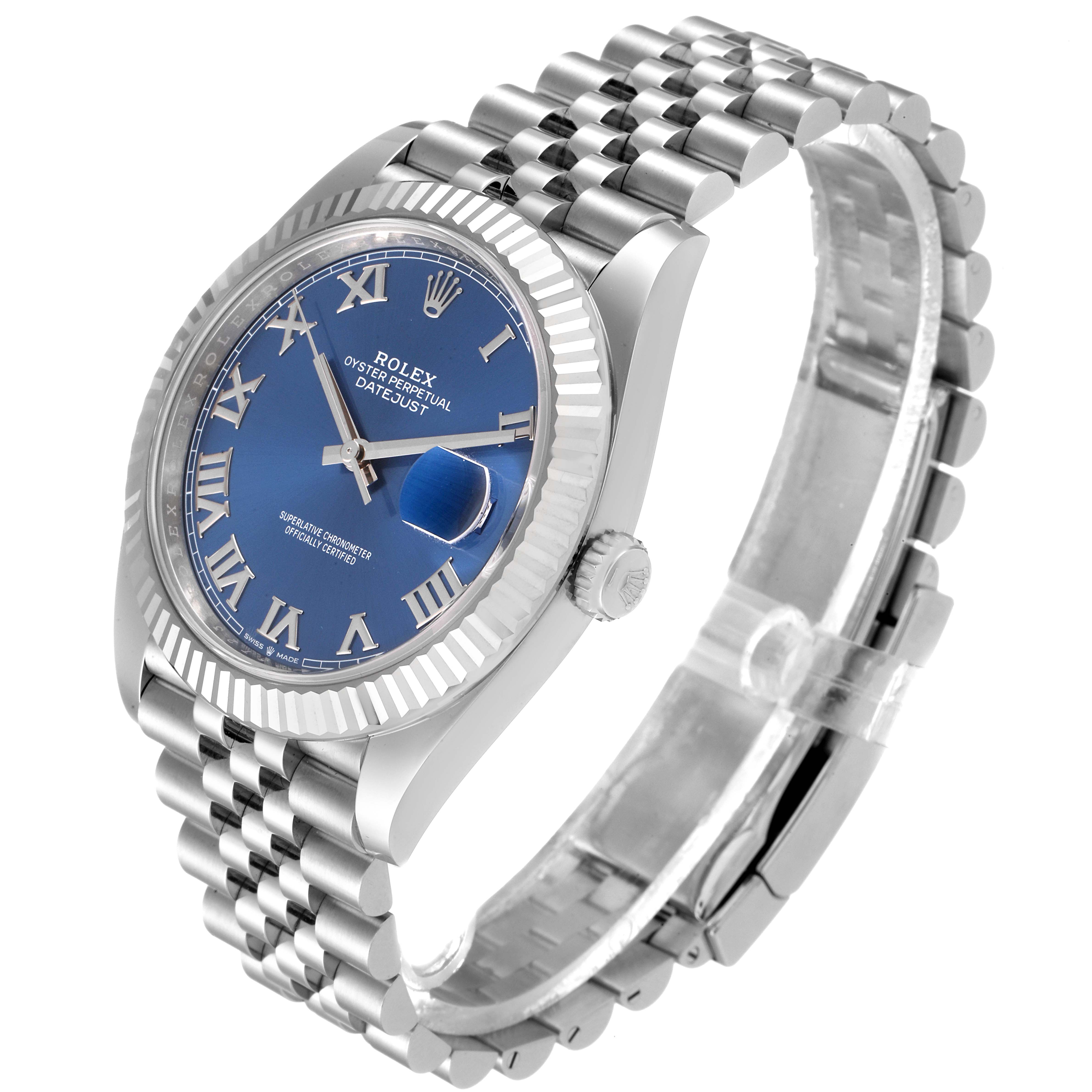 The image shows a Rolex Datejust 41 126334 Men
s Stainless Steel Blue Dial 126334 Men
s Stainless Steel Blue Dial model watch from a three-quarter front angle displaying its blue dial, fluted bezel, and jubilee bracelet.