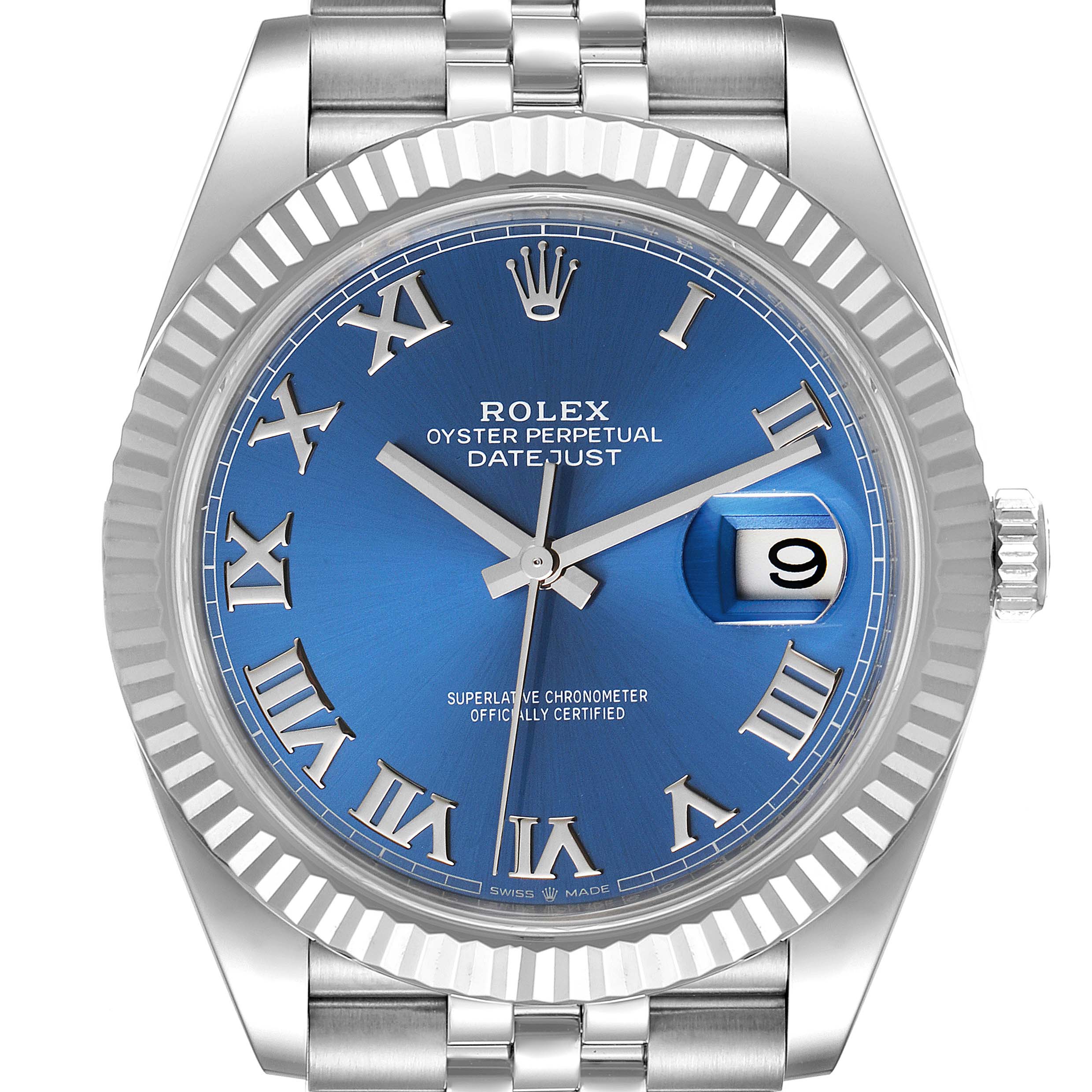 The Rolex Datejust 41 126334 Men
s Stainless Steel Blue Dial 126334 Men
s Stainless Steel Blue Dial model is shown from a frontal angle displaying its blue dial, Roman numerals, date window, and fluted bezel.