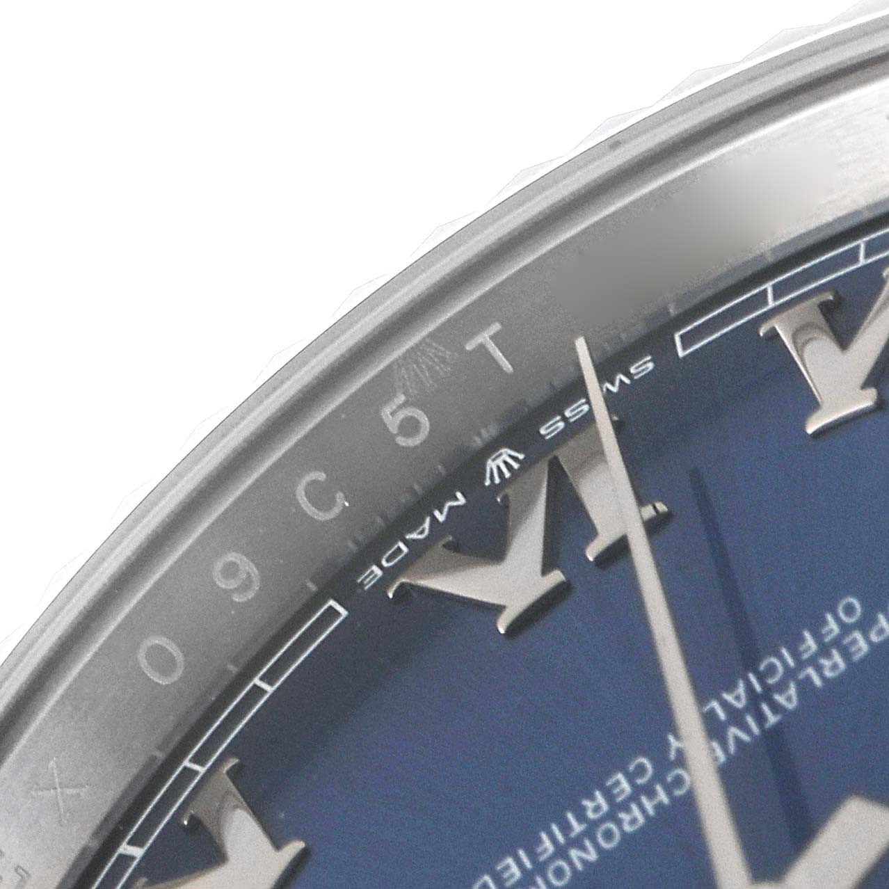 This image shows a close-up view of the dial and bezel of the Rolex Datejust 41 126334 Men
s Stainless Steel Blue Dial 126334 Men
s Stainless Steel Blue Dial, highlighting the Roman numerals and "Swiss Made" inscription.