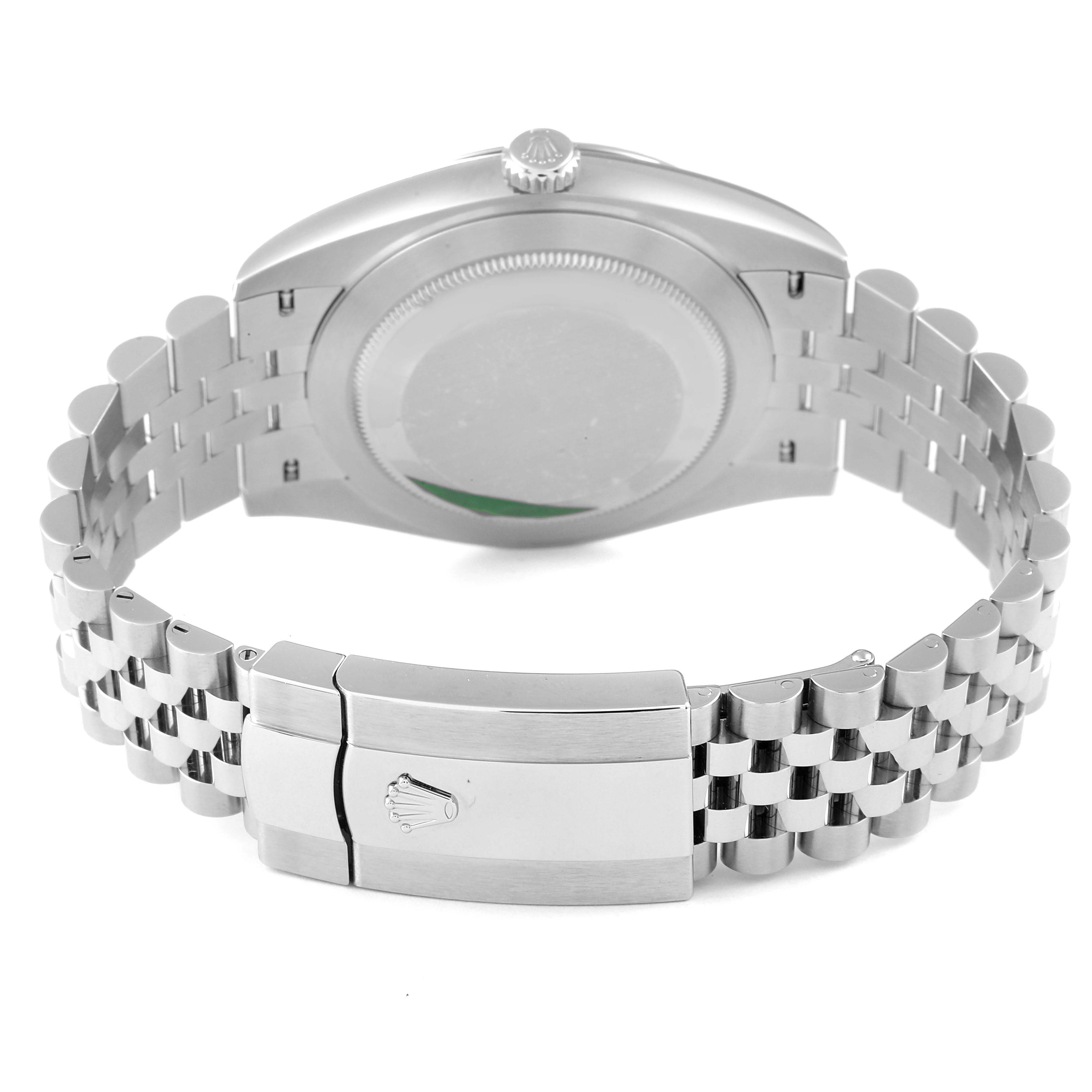 The image shows the back case and metal bracelet of the Rolex Datejust 41 126334 Men
s Stainless Steel Blue Dial 126334 Men
s Stainless Steel Blue Dial model, featuring the clasp and crown logo.