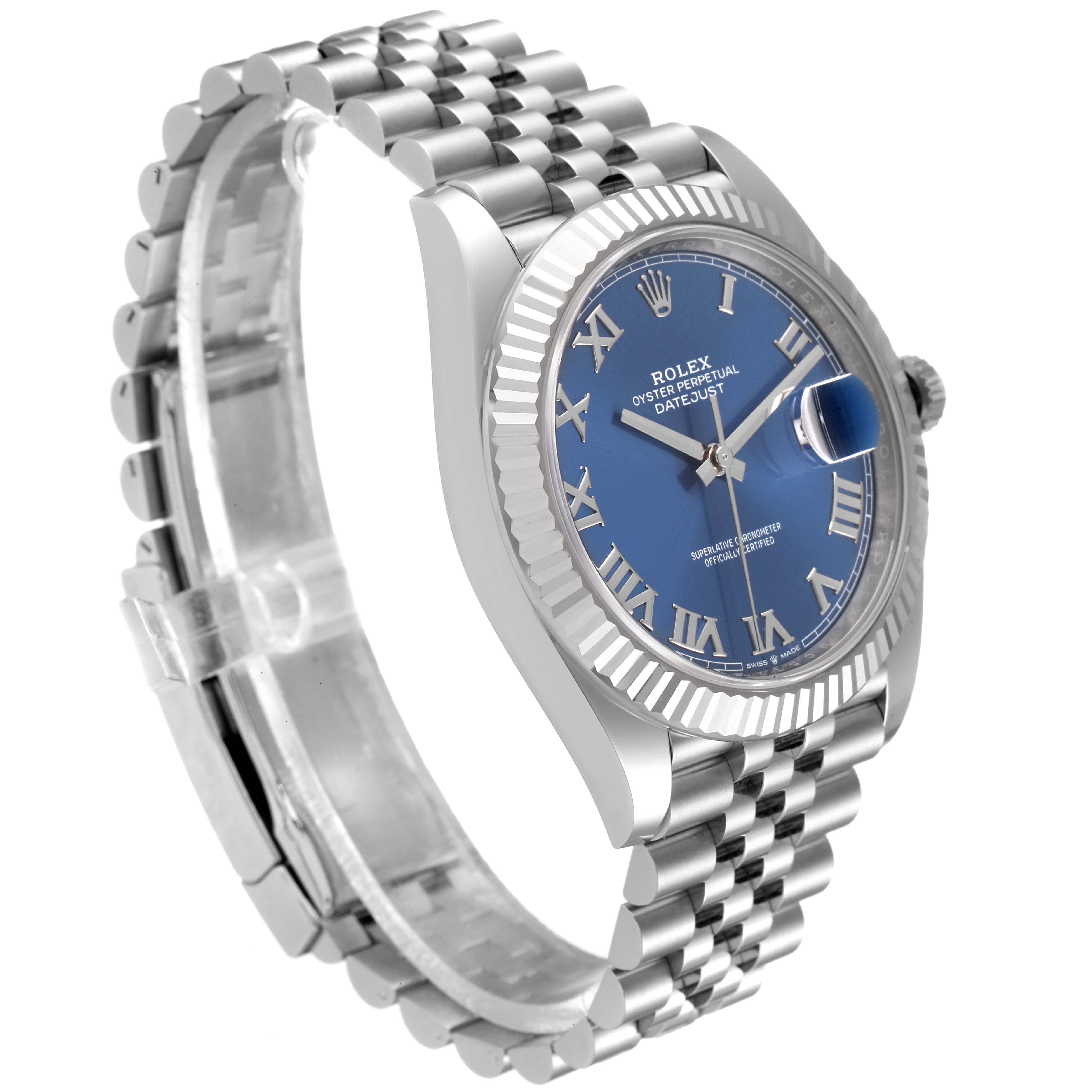 The image shows a side and frontal view of a Rolex Datejust 41 126334 Men
s Stainless Steel Blue Dial 126334 Men
s Stainless Steel Blue Dial watch with a blue dial, fluted bezel, and Jubilee bracelet.